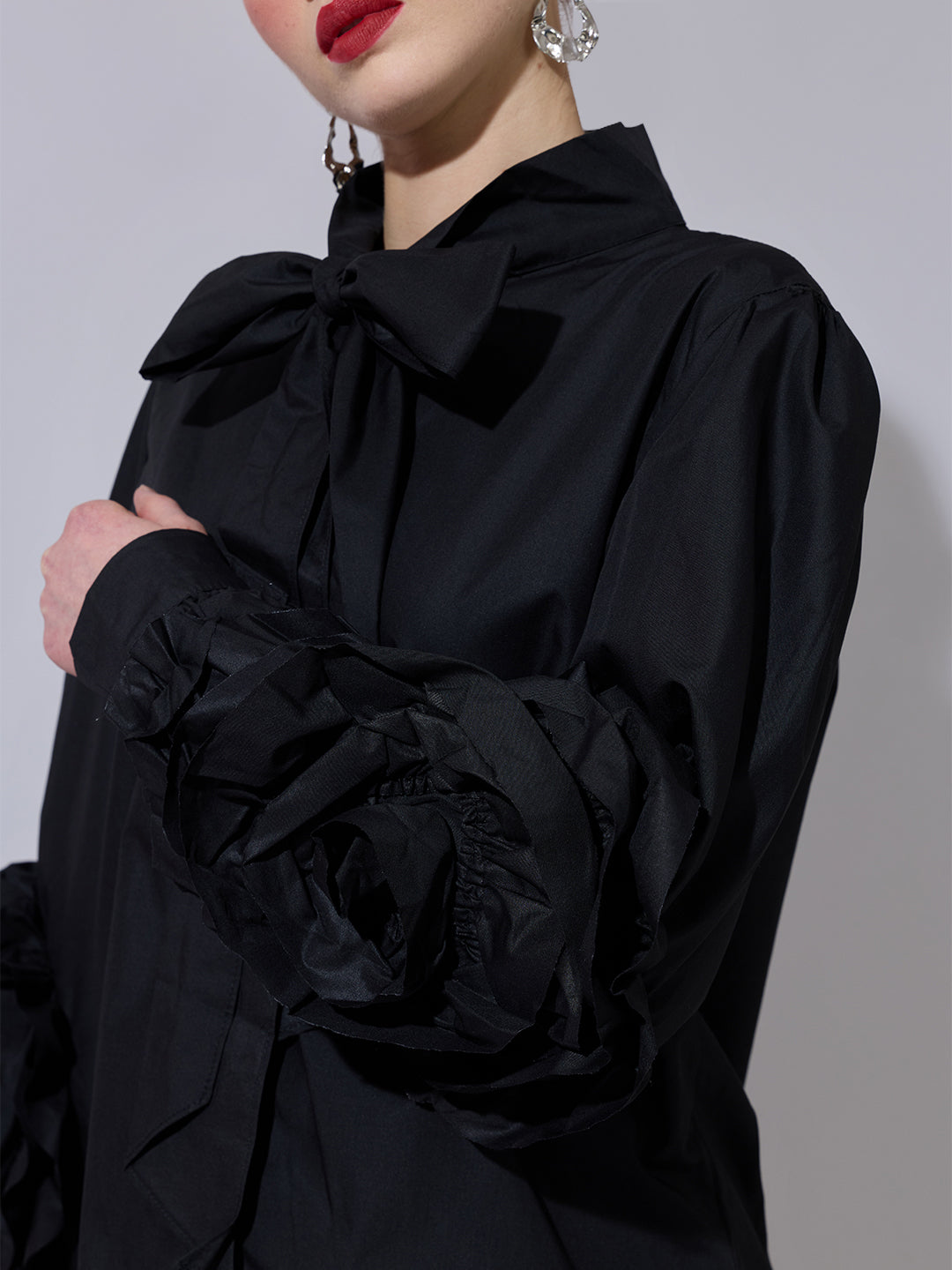 Women's Black Puff-Sleeve Shirt with Bow-Tie Detail