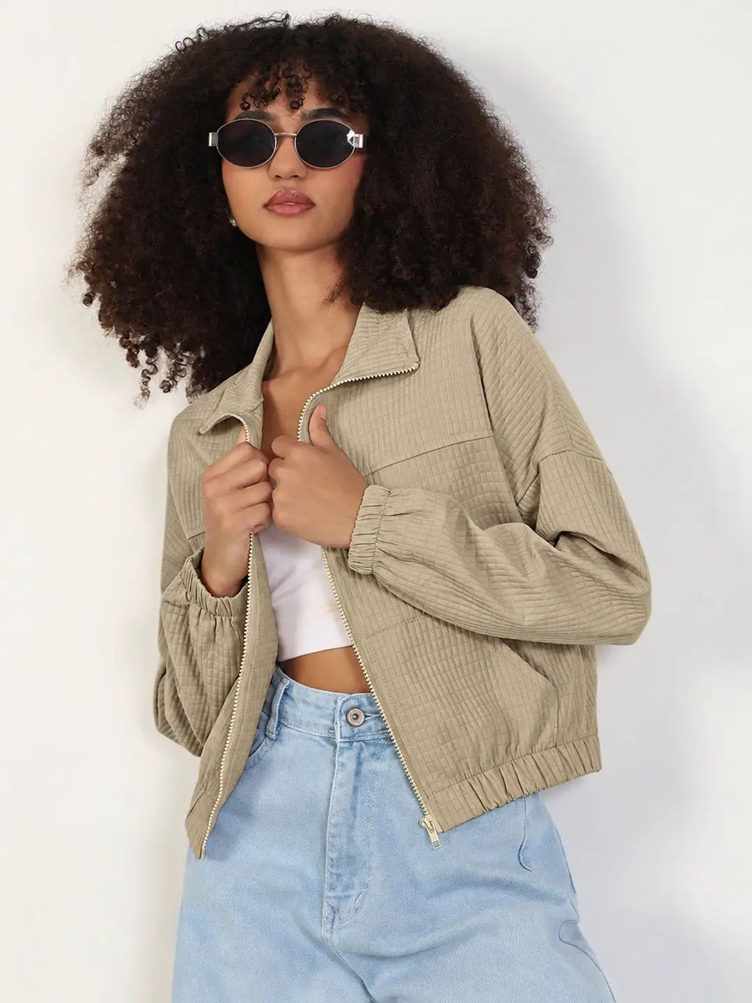 Women's Beige Textured Zip Up Jacket with Mock Collar and Elasticated Hem