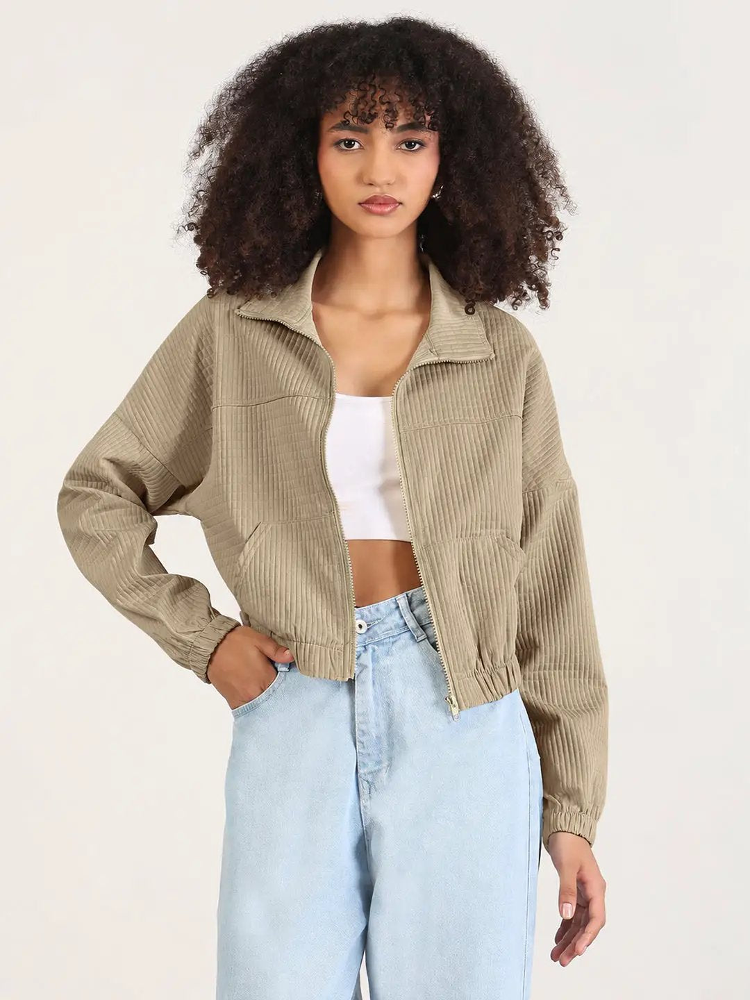Women's Beige Textured Zip Up Jacket with Mock Collar and Elasticated Hem