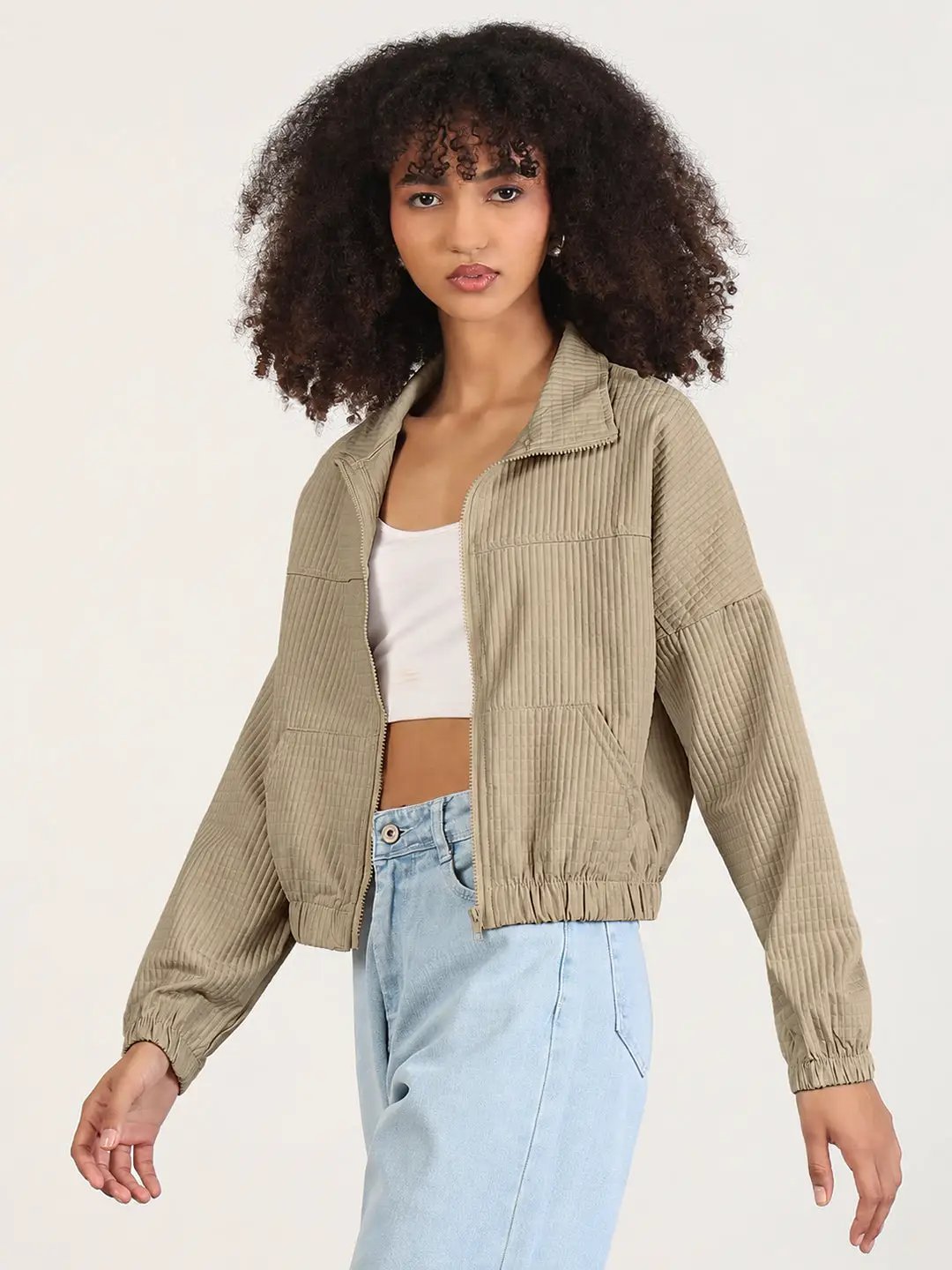 Women's Beige Textured Zip Up Jacket with Mock Collar and Elasticated Hem