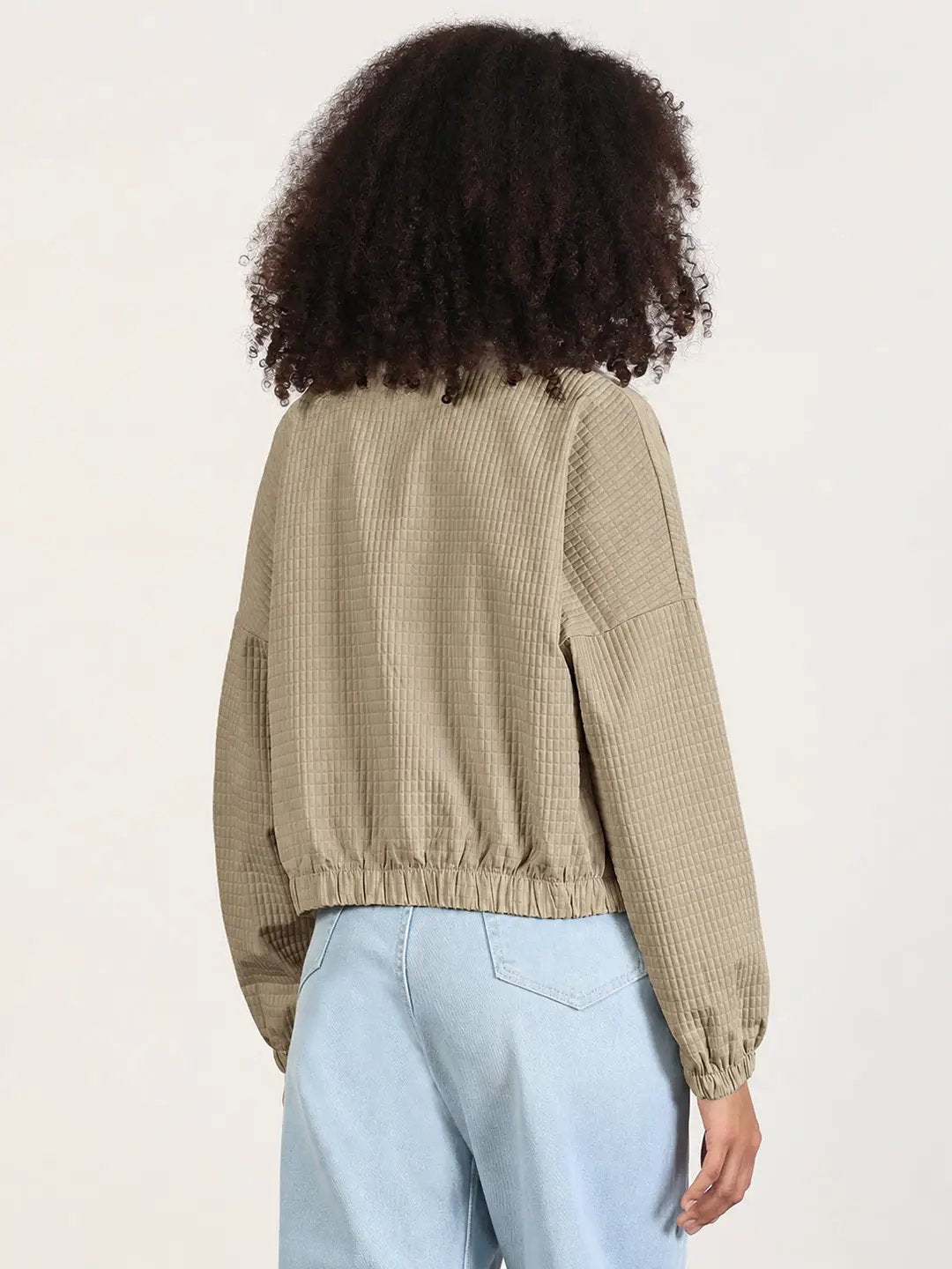 Women's Beige Textured Zip Up Jacket with Mock Collar and Elasticated Hem