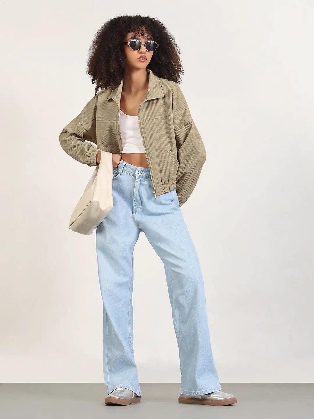 Women's Beige Textured Zip Up Jacket with Mock Collar and Elasticated Hem