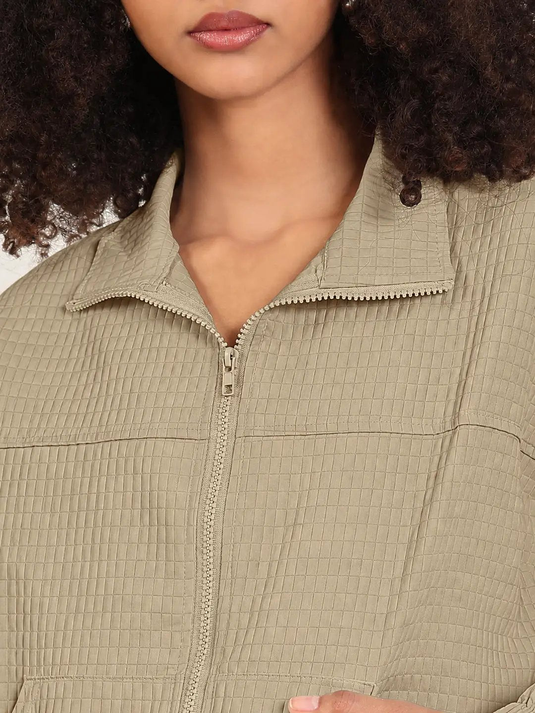 Women's Beige Textured Zip Up Jacket with Mock Collar and Elasticated Hem