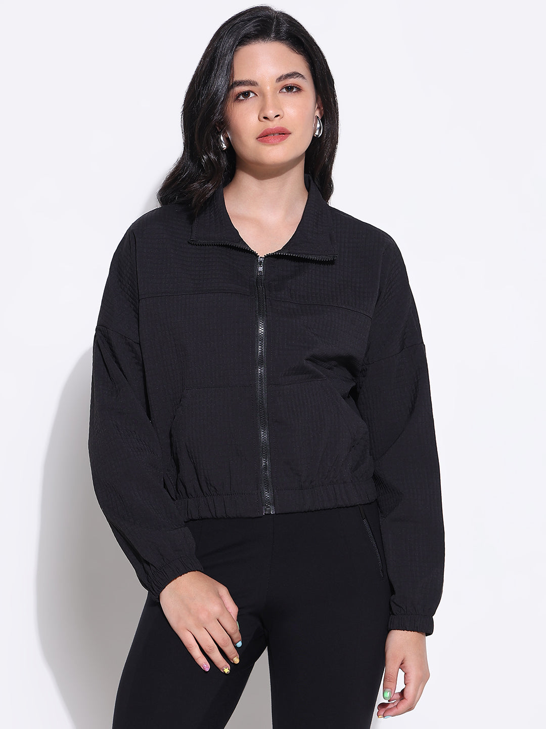 Women Solid Black Bomber Jacket