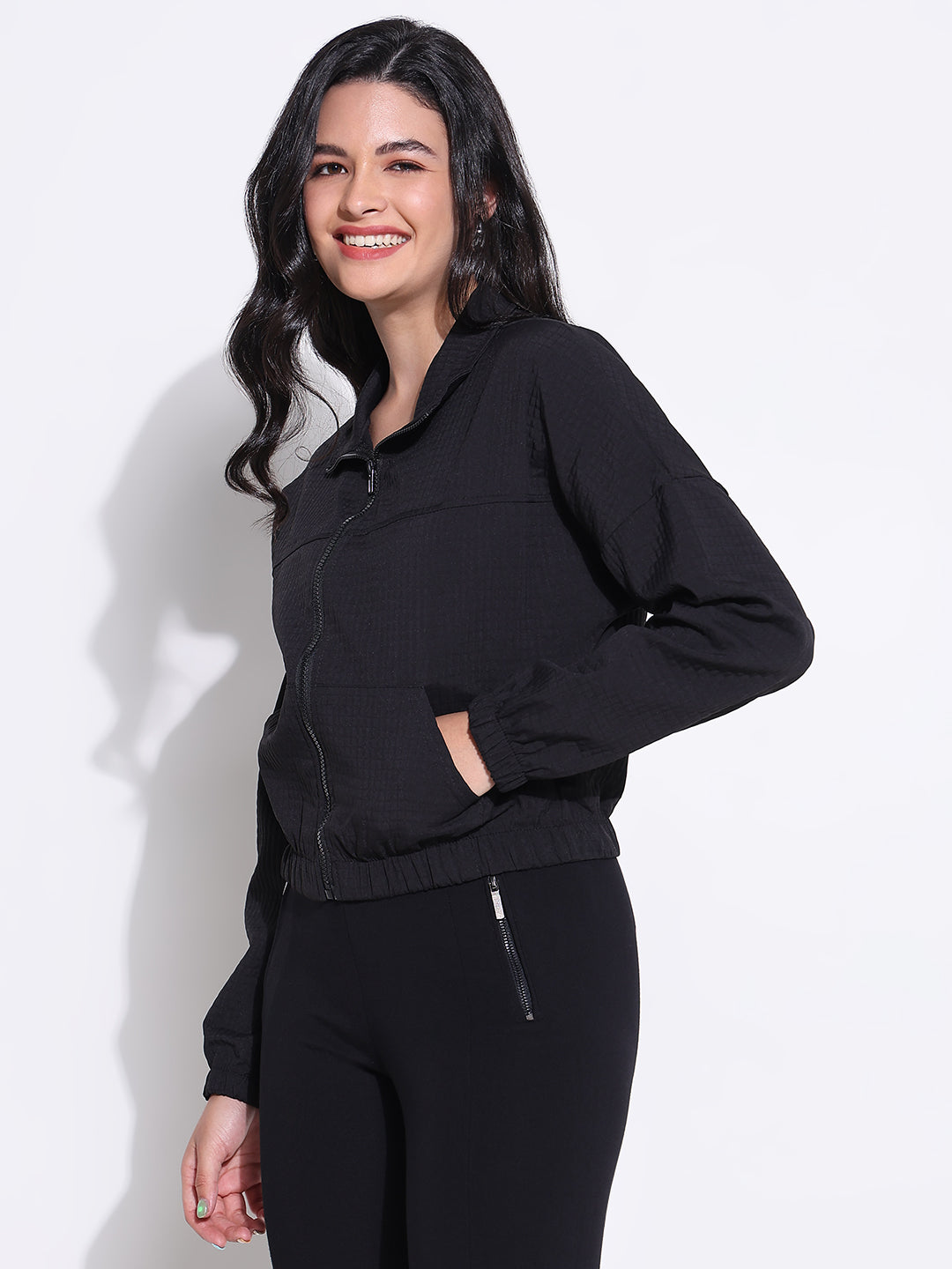 Women Solid Black Bomber Jacket