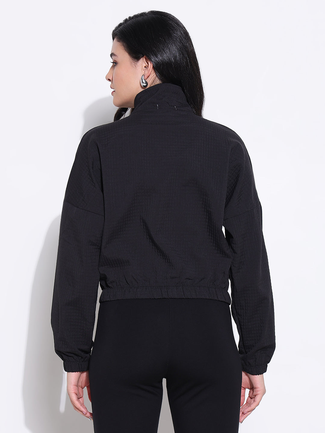 Women Solid Black Bomber Jacket