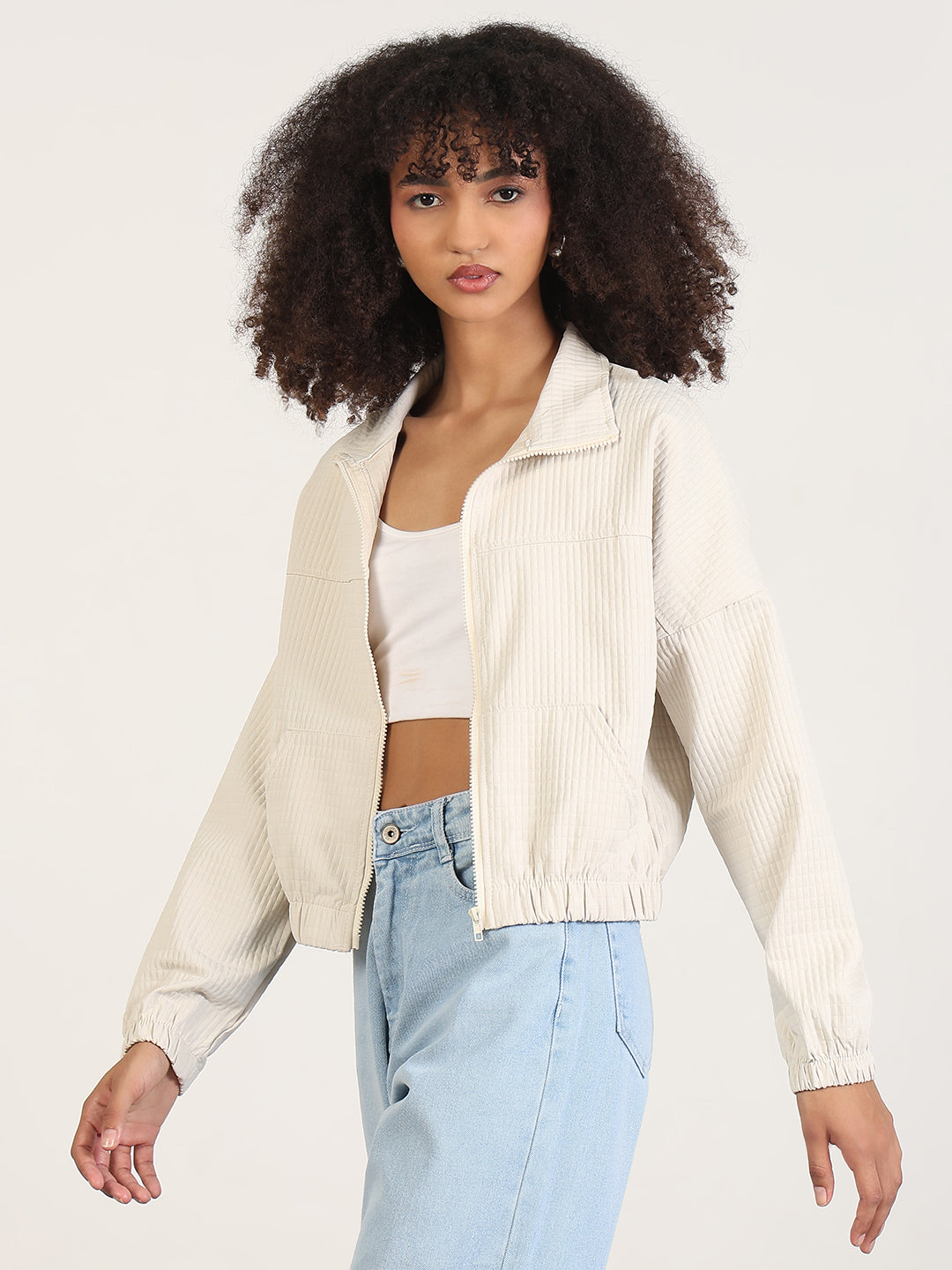 Women's Solid Cream Spread Collar Crop Bomber Jacket