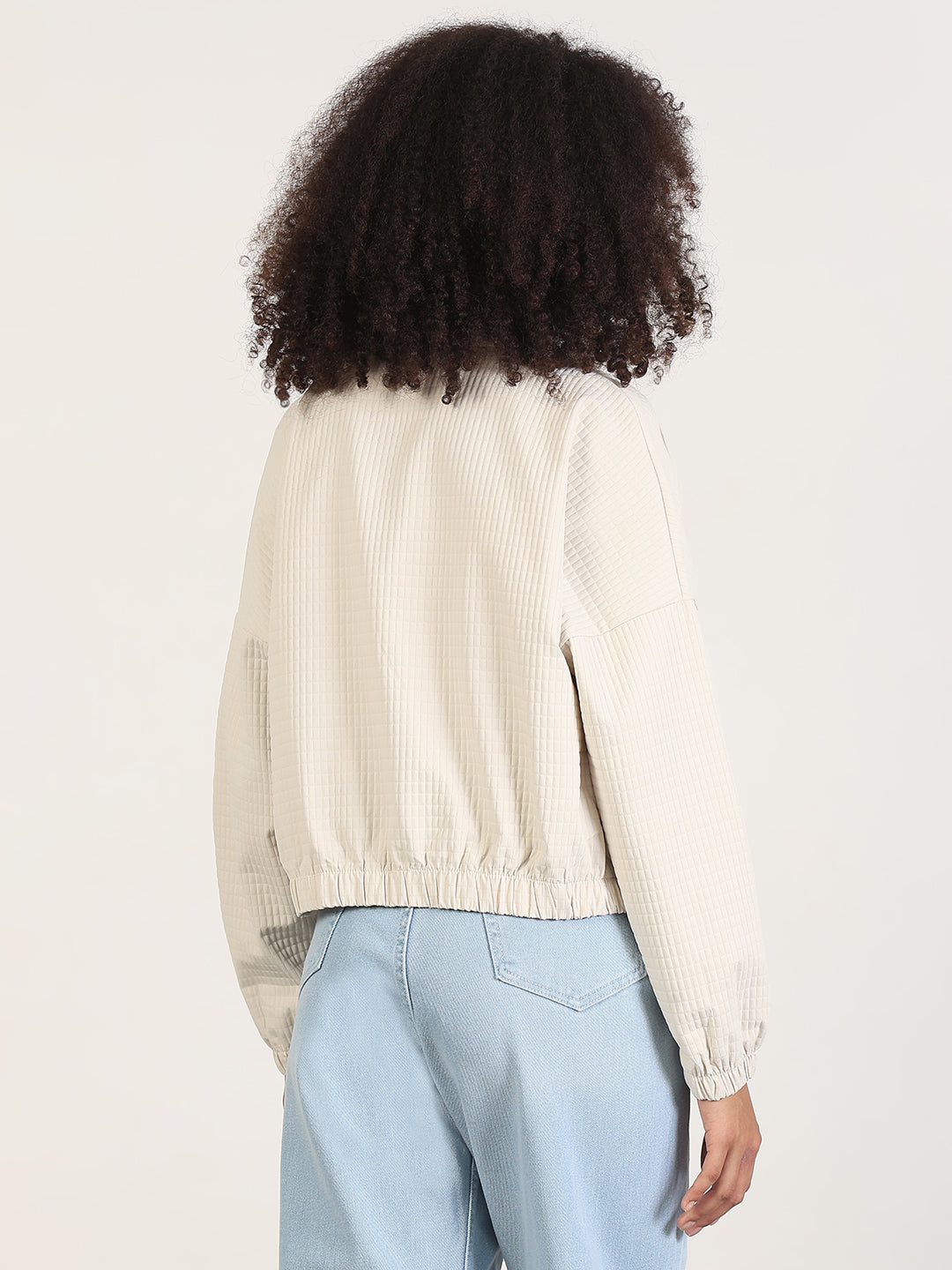 Women's Solid Cream Spread Collar Crop Bomber Jacket