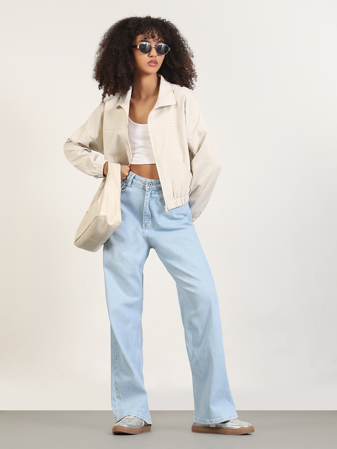 Women's Solid Cream Spread Collar Crop Bomber Jacket