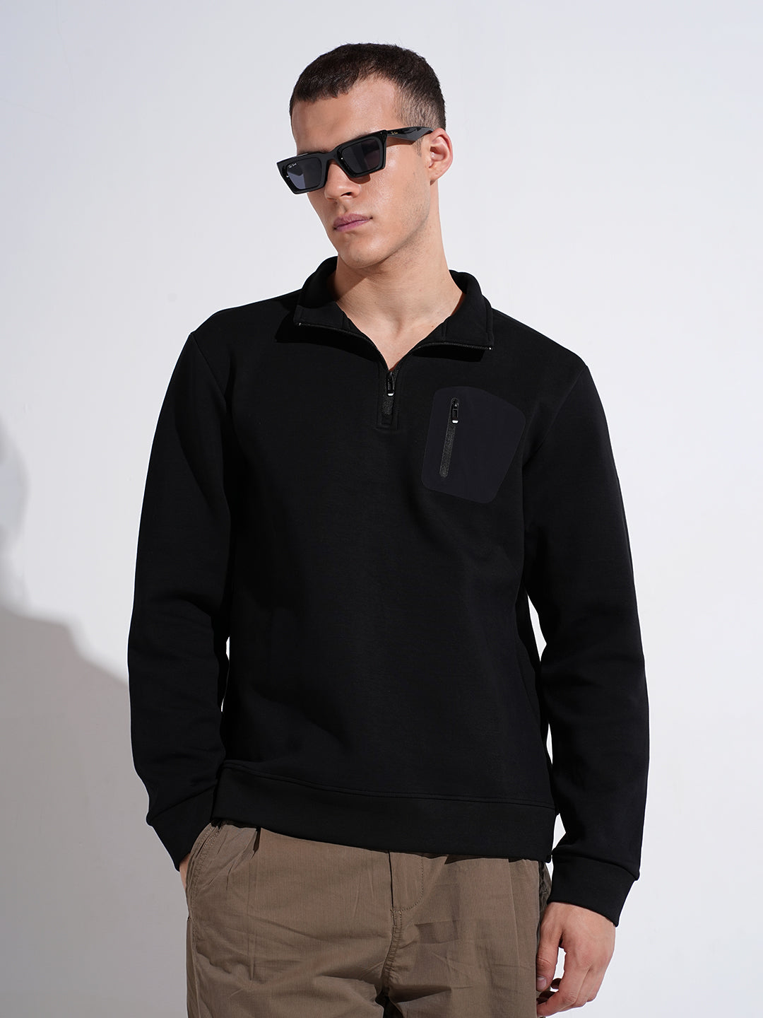 Men's Black High Neck Sweater with Pocket Detail