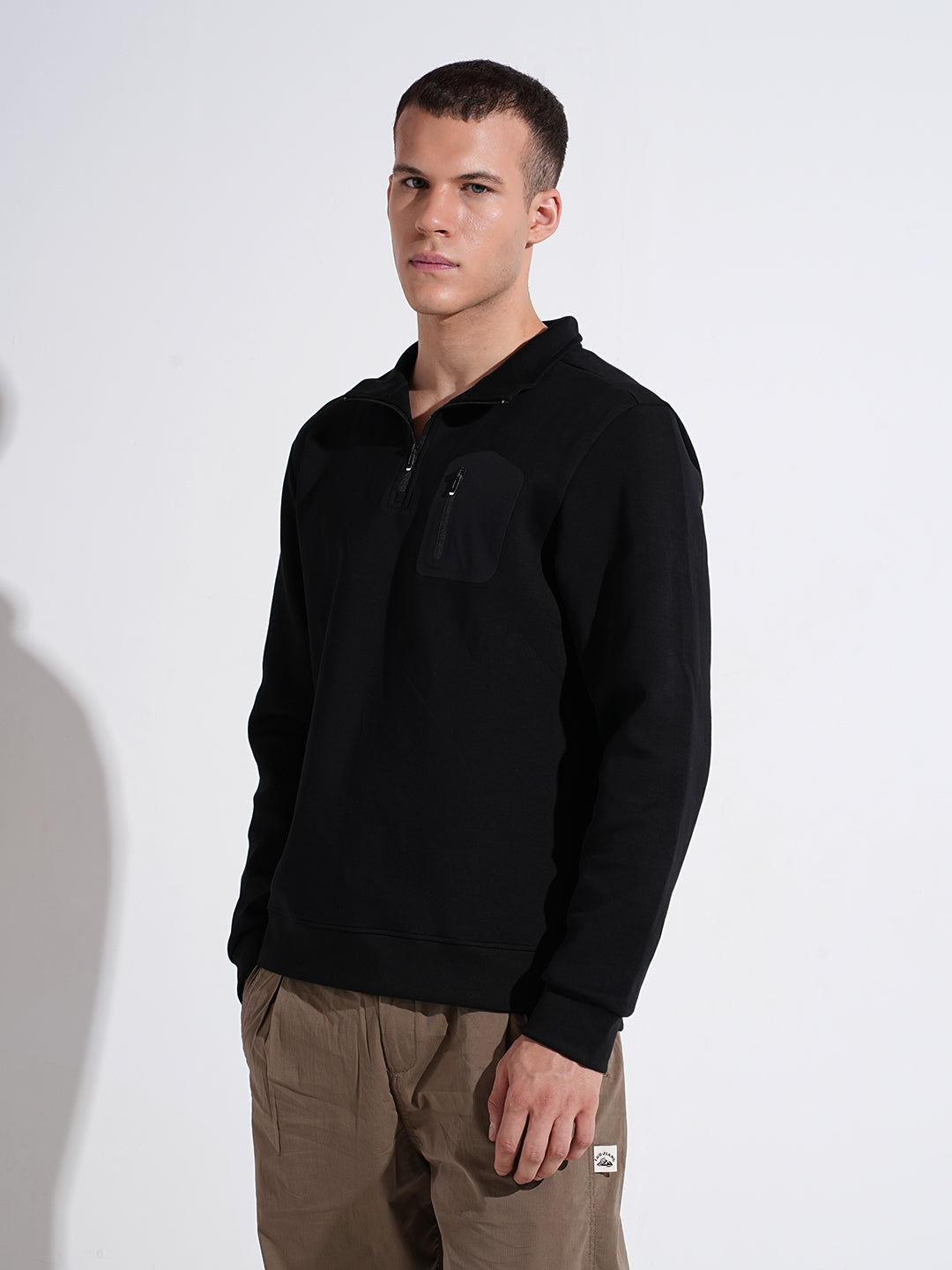 Men's Black High Neck Sweater with Pocket Detail