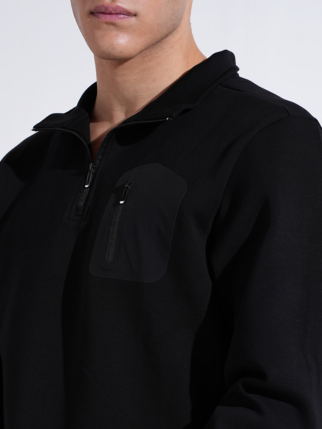 Men's Black High Neck Sweater with Pocket Detail