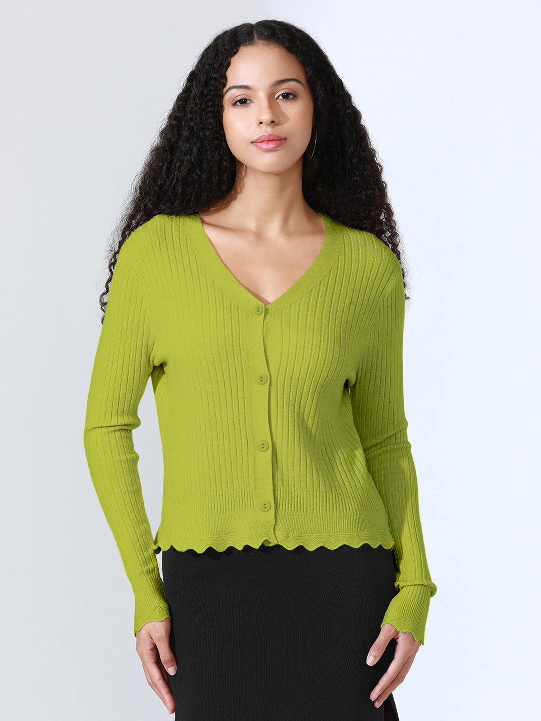 Women's Green Ribbed V-Neck Top with Scalloped Hem