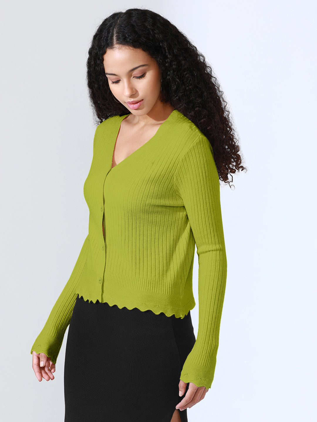 Women's Green Ribbed V-Neck Top with Scalloped Hem