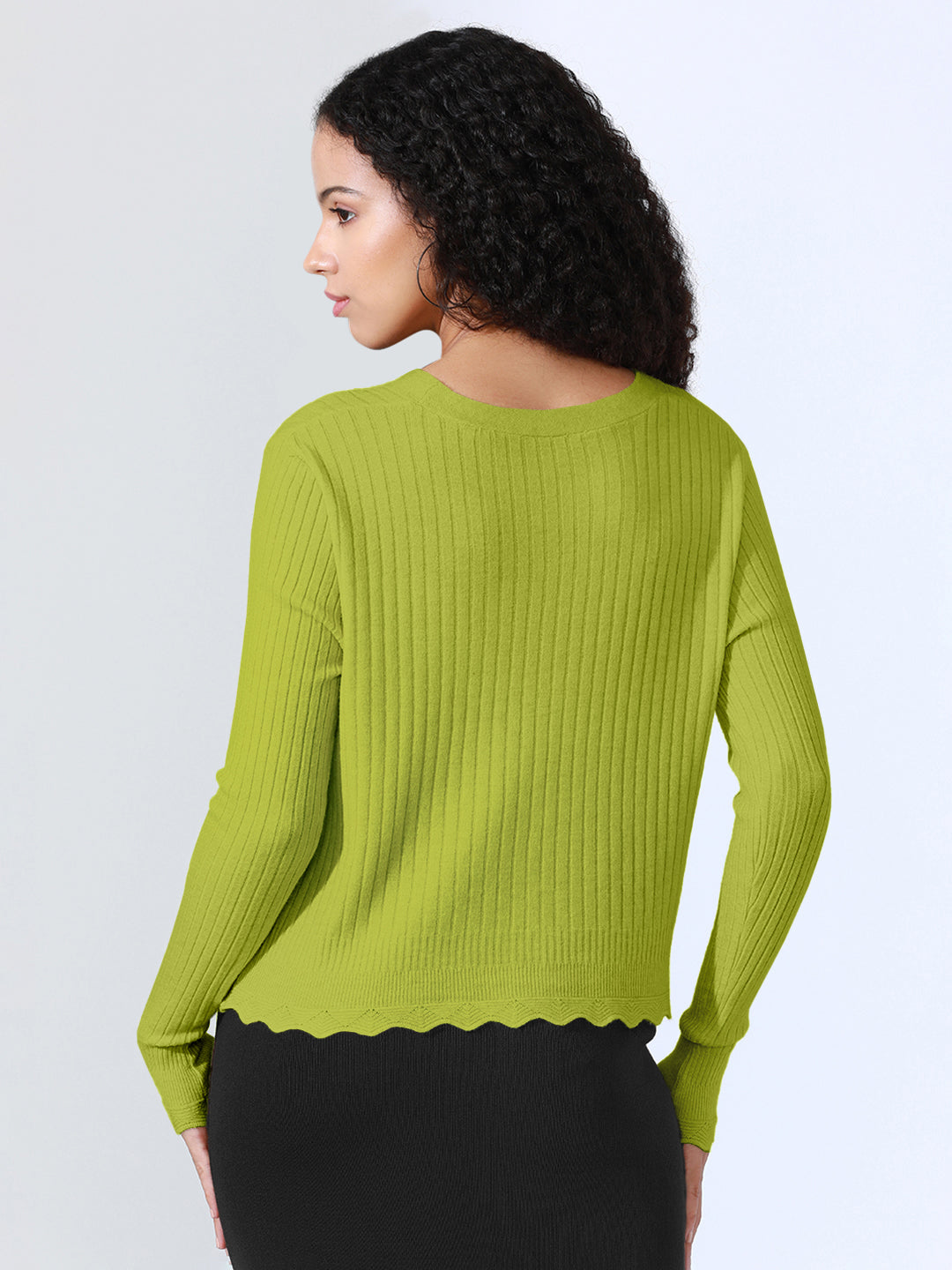 Women's Green Ribbed V-Neck Top with Scalloped Hem