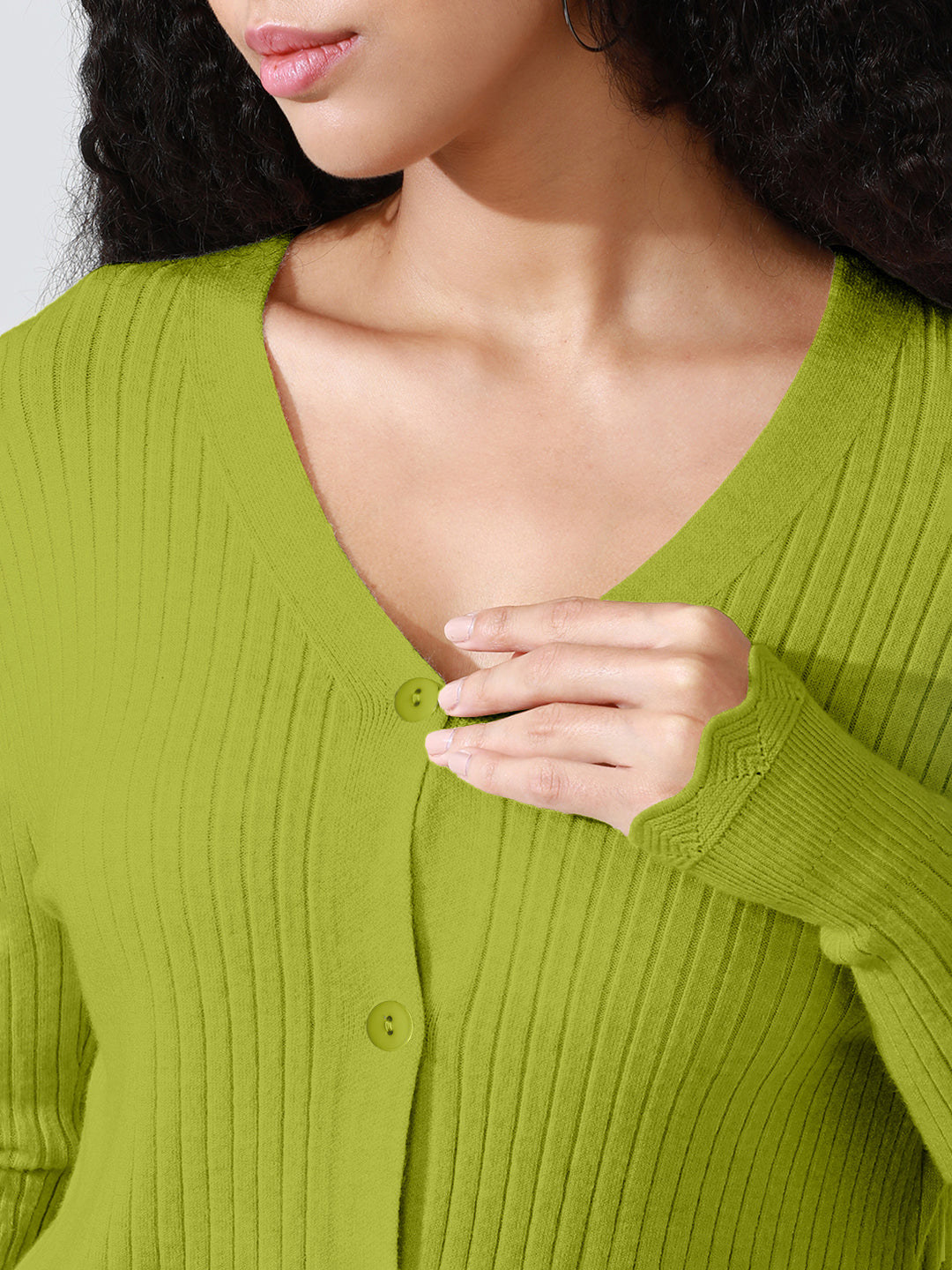 Women's Green Ribbed V-Neck Top with Scalloped Hem