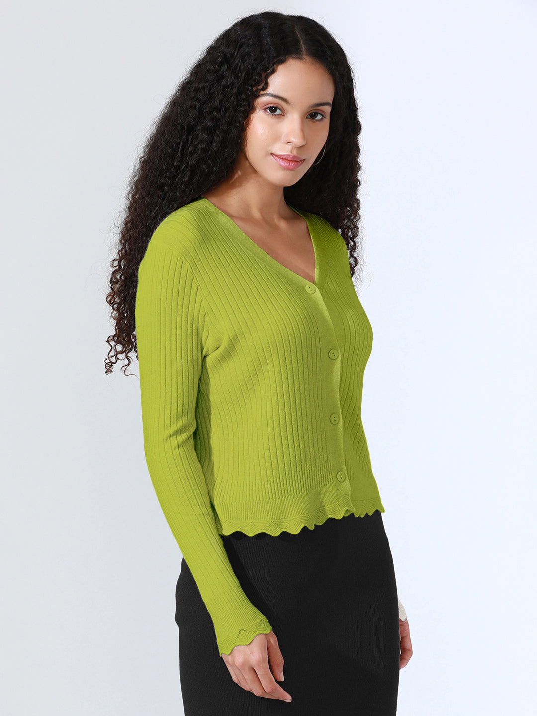 Women's Green Ribbed V-Neck Top with Scalloped Hem