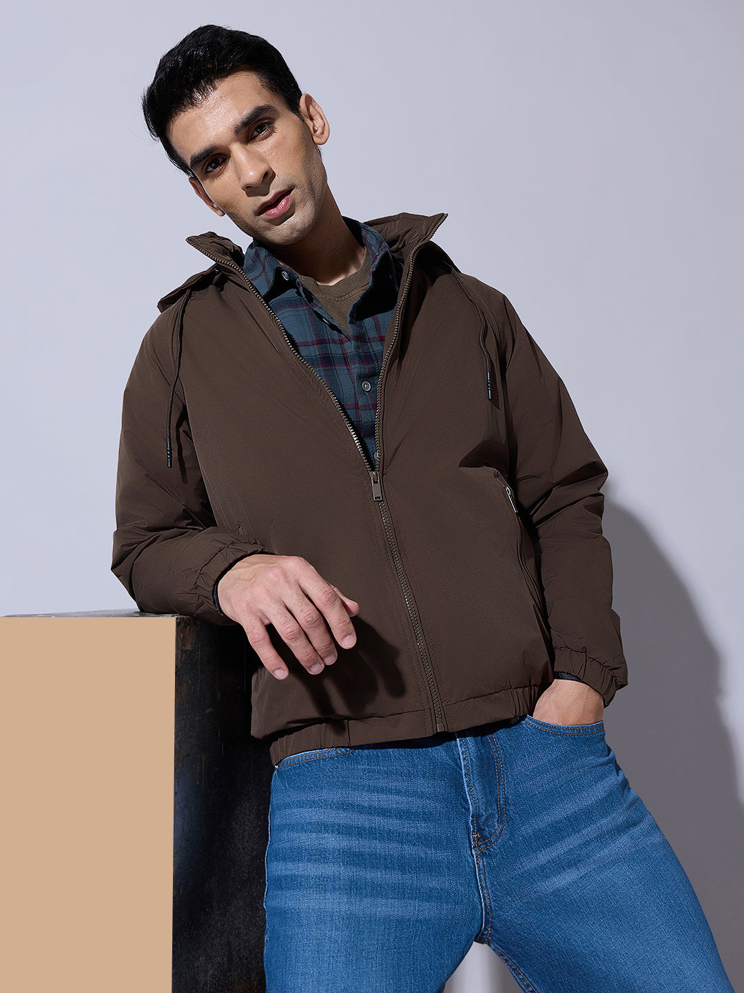 Men's Brown Zip-Up Jacket with Detachable Hood