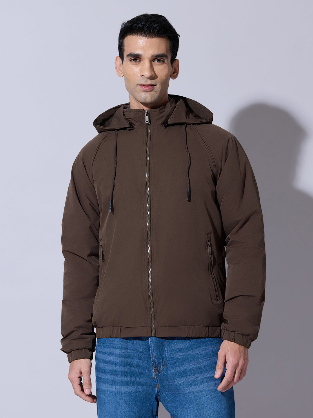 Men's Brown Zip-Up Jacket with Detachable Hood