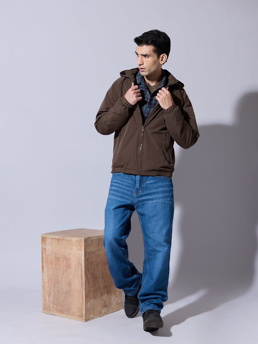 Men's Brown Zip-Up Jacket with Detachable Hood