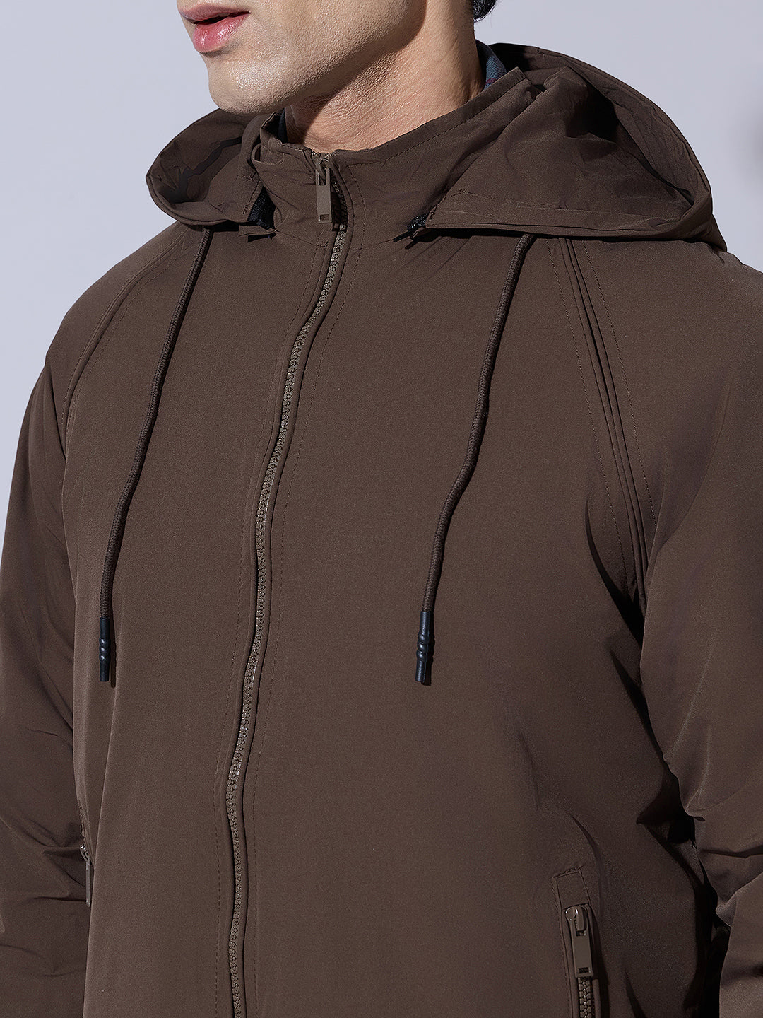 Men's Brown Zip-Up Jacket with Detachable Hood