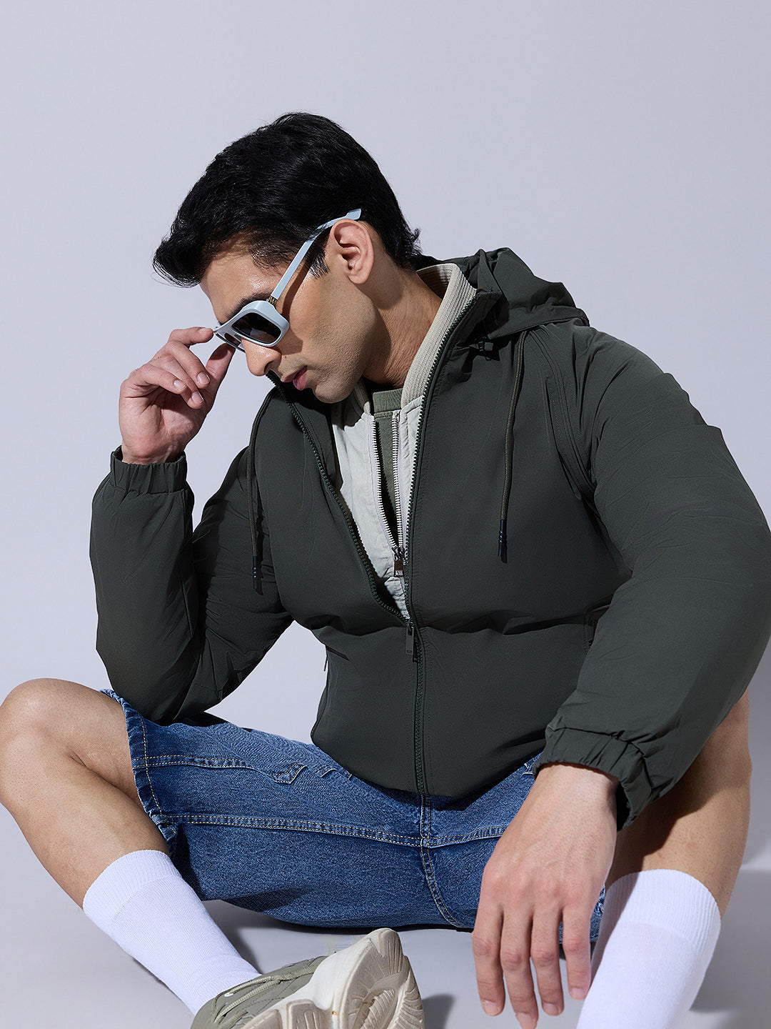 Men's Green Zip-Up Jacket with Detachable Hood