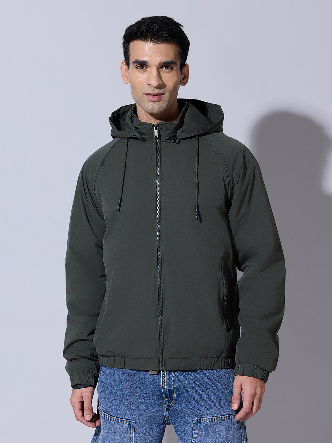 Men's Green Zip-Up Jacket with Detachable Hood