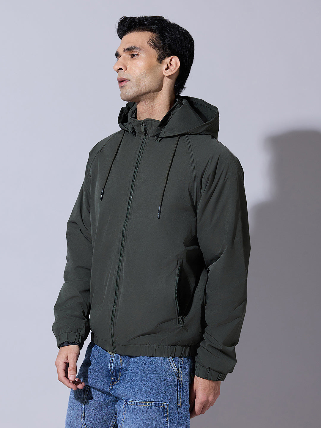 Men's Green Zip-Up Jacket with Detachable Hood