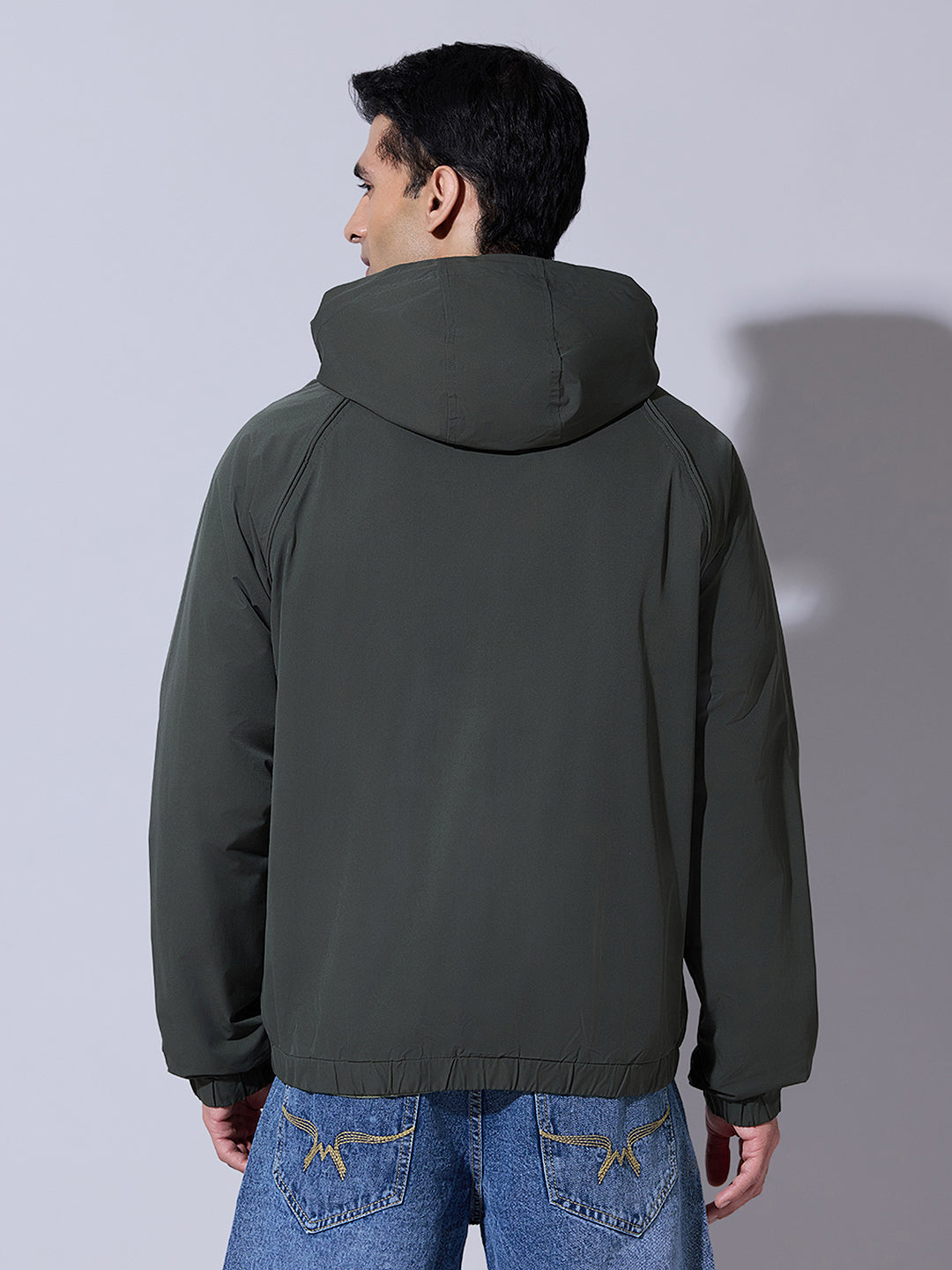Men's Green Zip-Up Jacket with Detachable Hood