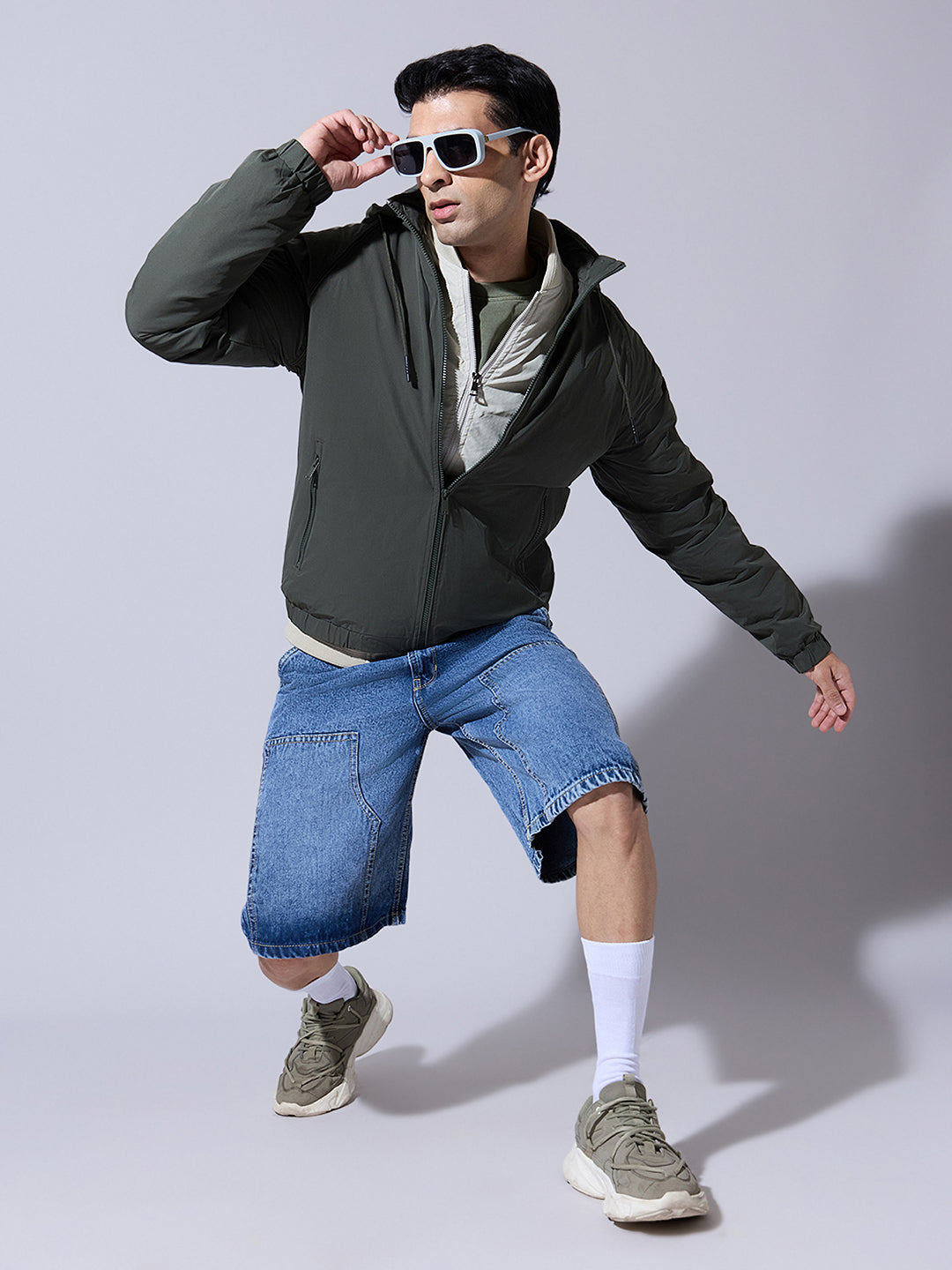 Men's Green Zip-Up Jacket with Detachable Hood