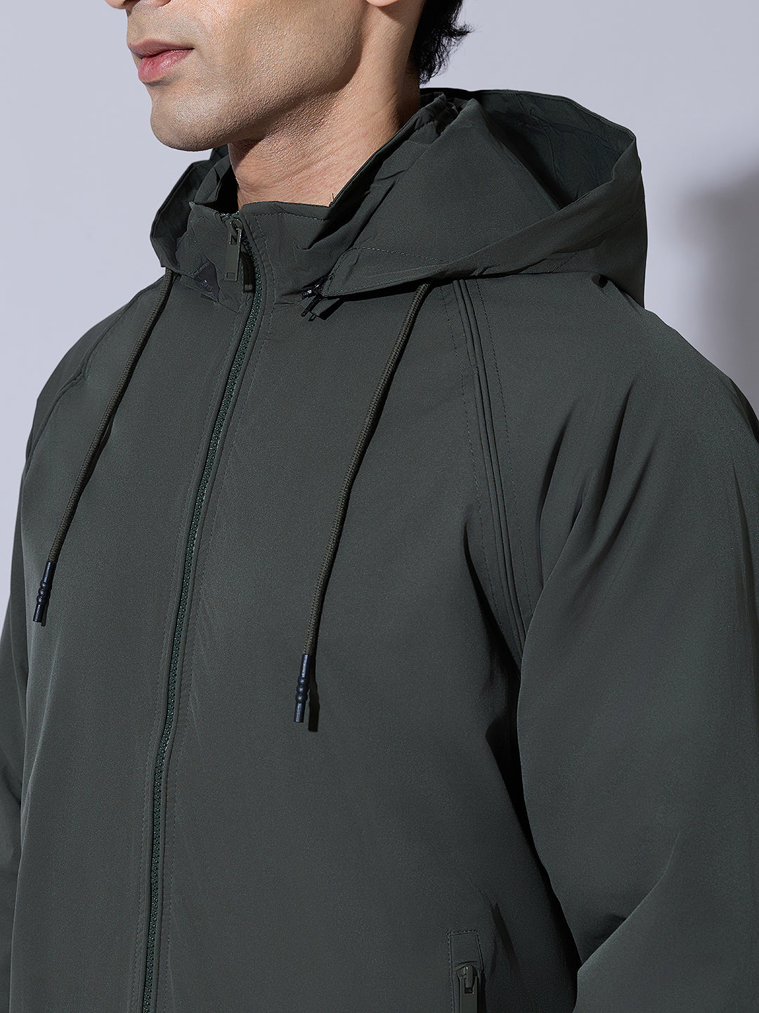 Men's Green Zip-Up Jacket with Detachable Hood