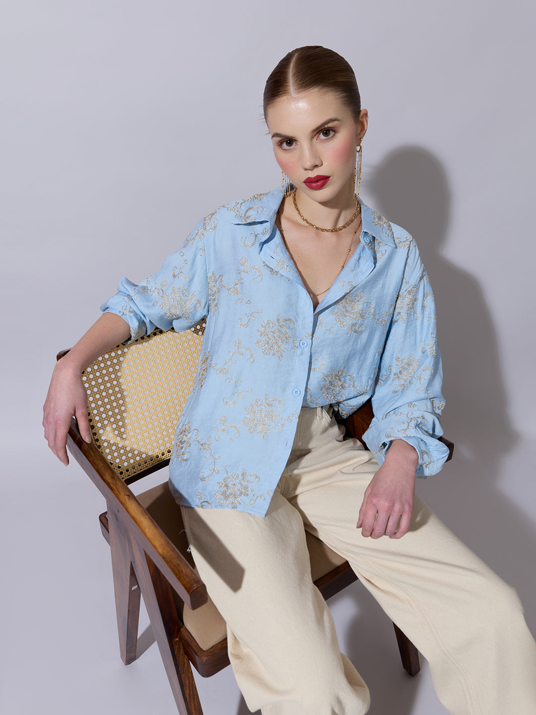 Women's Floral Embroidered Blue Long Sleeve Shirt