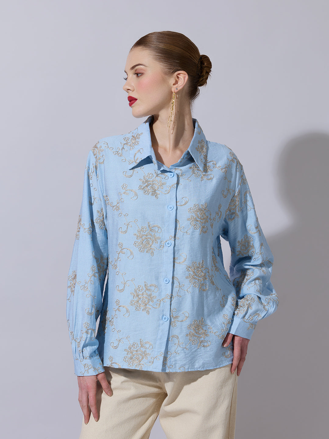 Women's Floral Embroidered Blue Long Sleeve Shirt