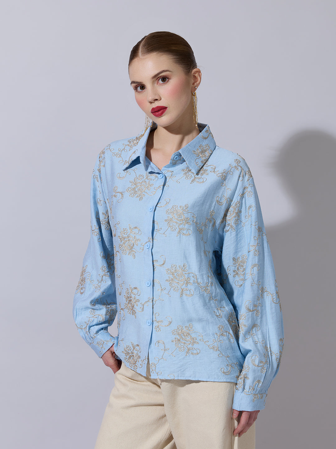 Women's Floral Embroidered Blue Long Sleeve Shirt