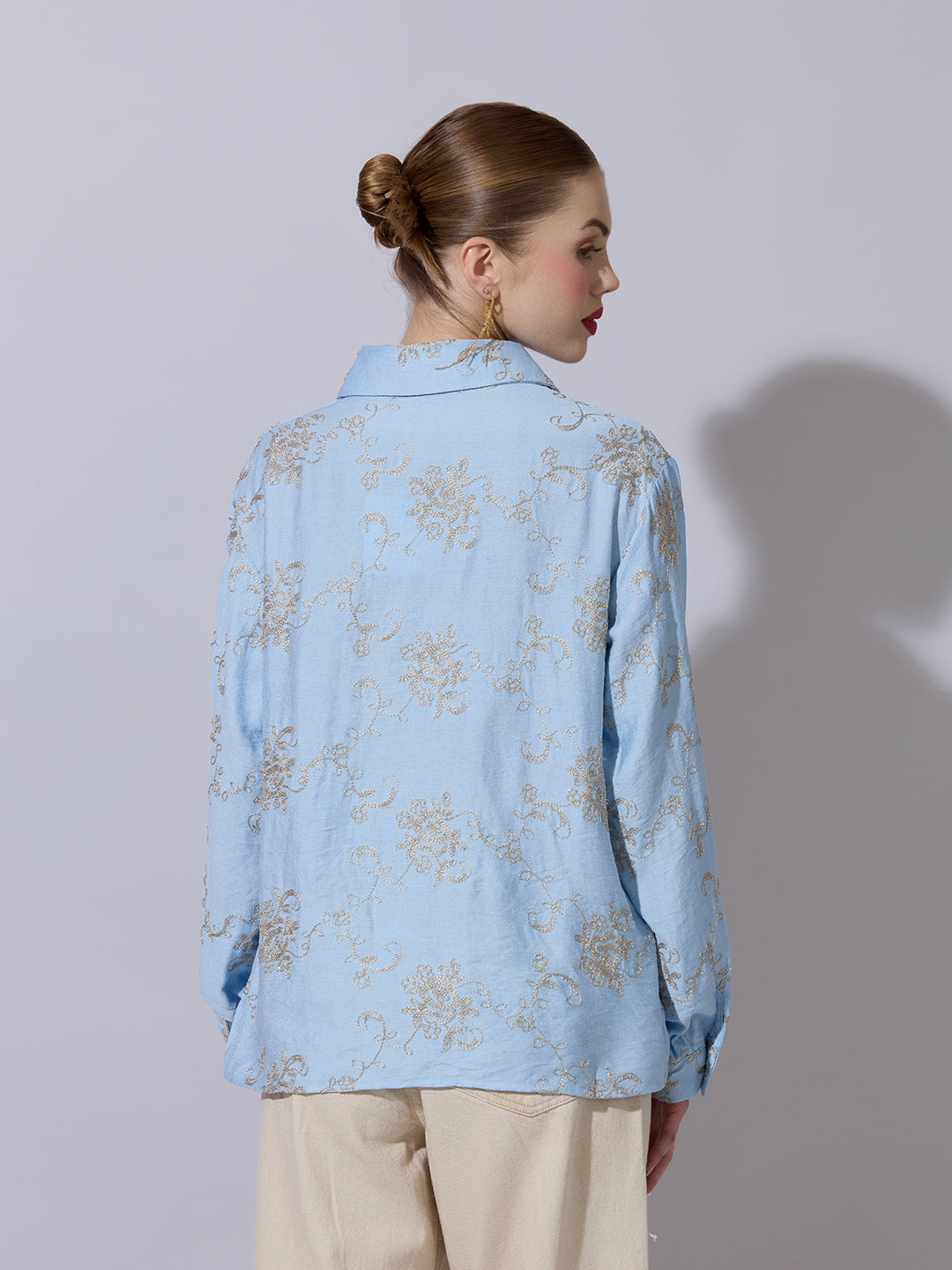 Women's Floral Embroidered Blue Long Sleeve Shirt