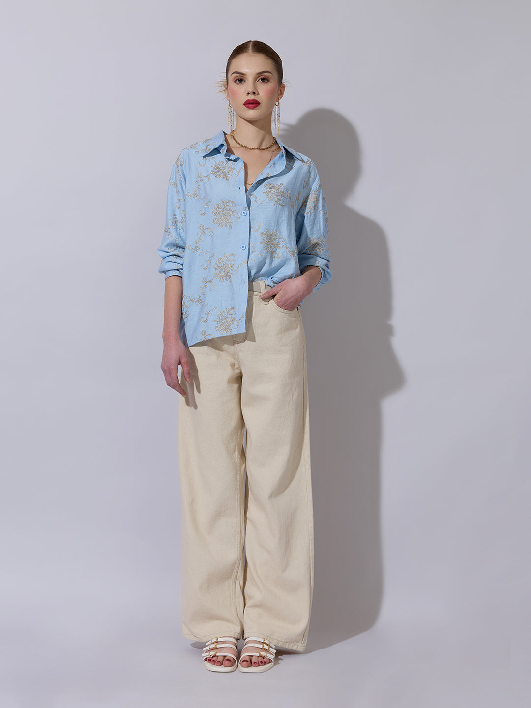 Women's Floral Embroidered Blue Long Sleeve Shirt