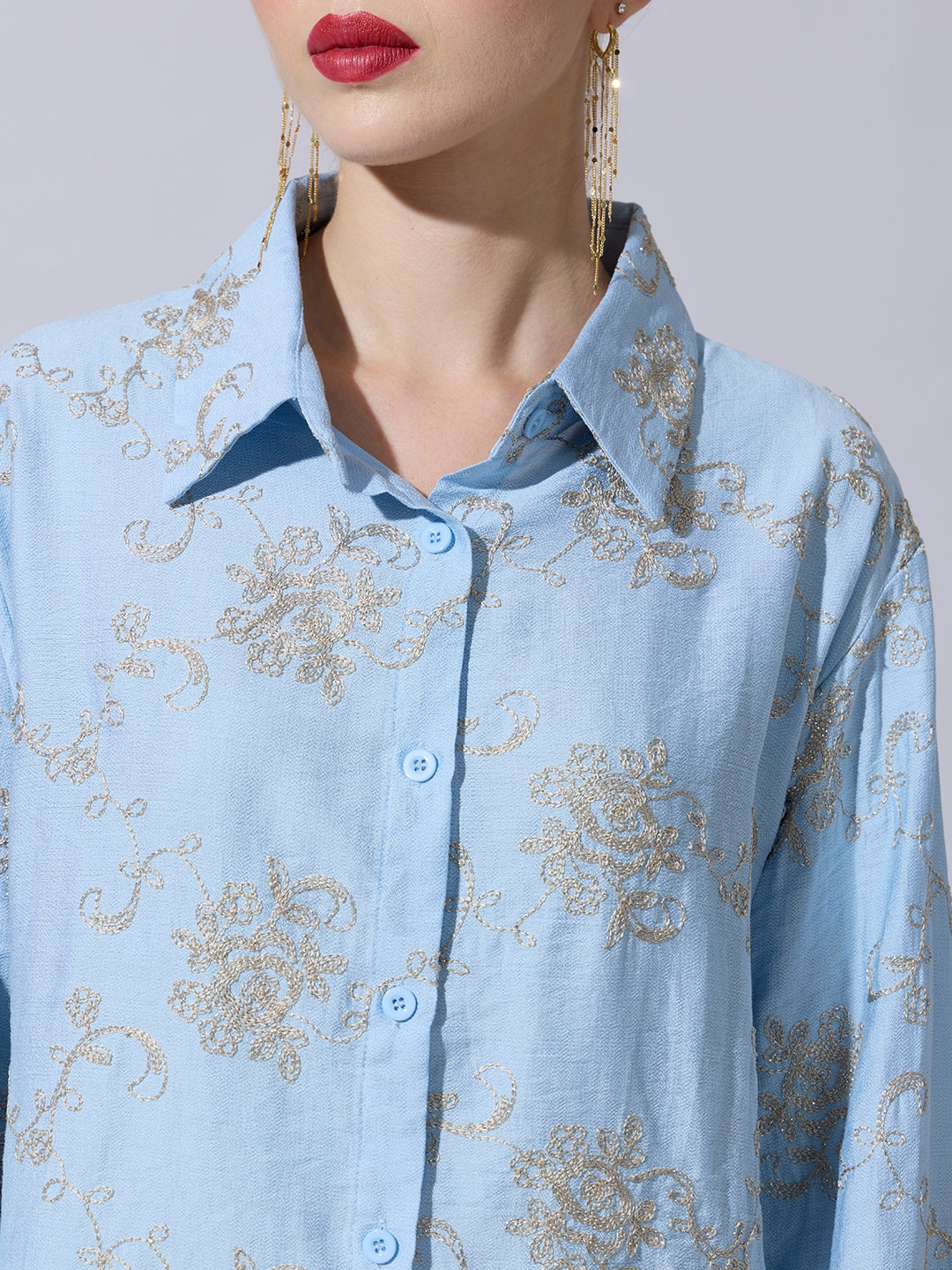 Women's Floral Embroidered Blue Long Sleeve Shirt