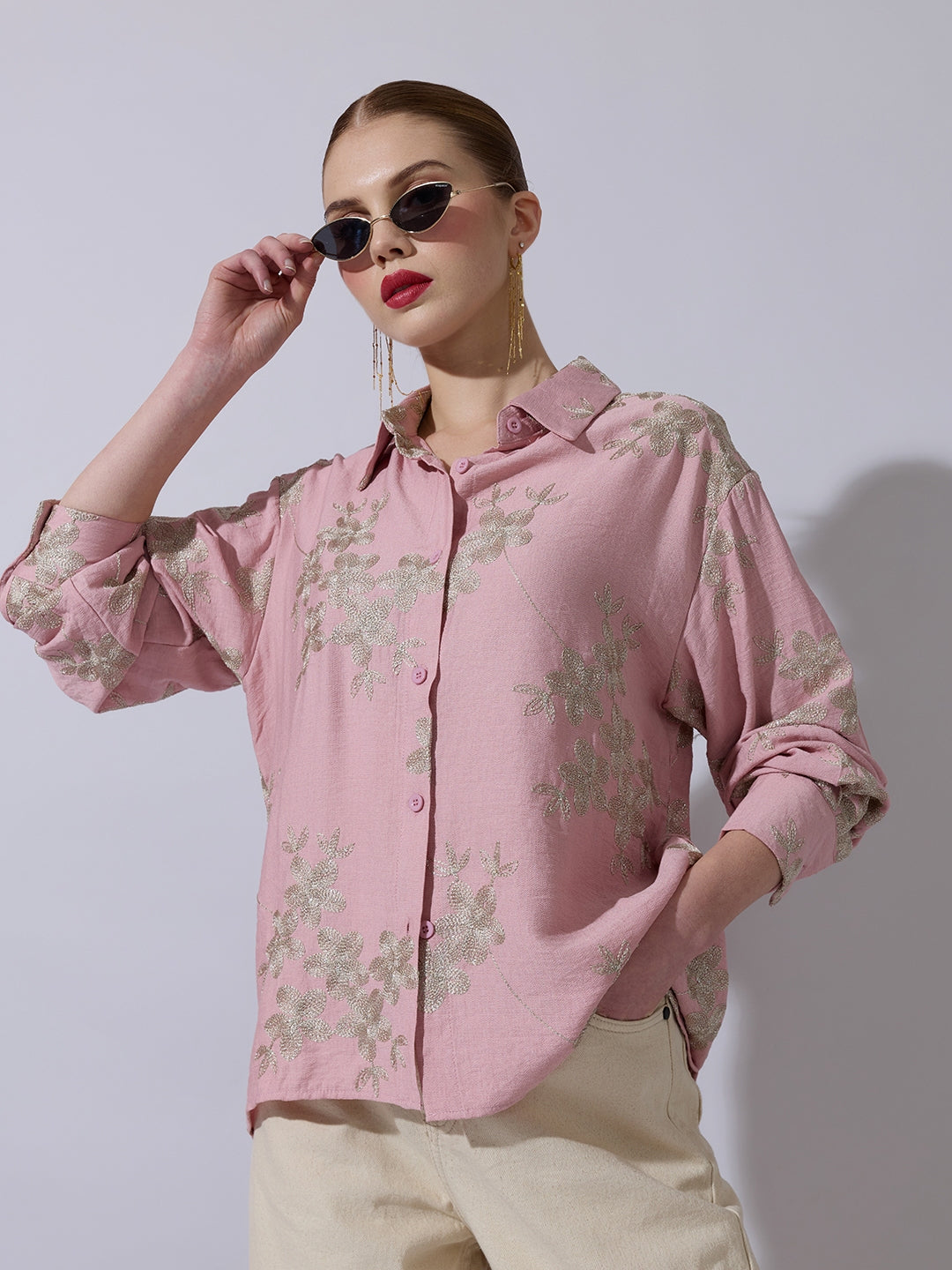 Women's Floral Embroidered Pink Long Sleeve Shirt