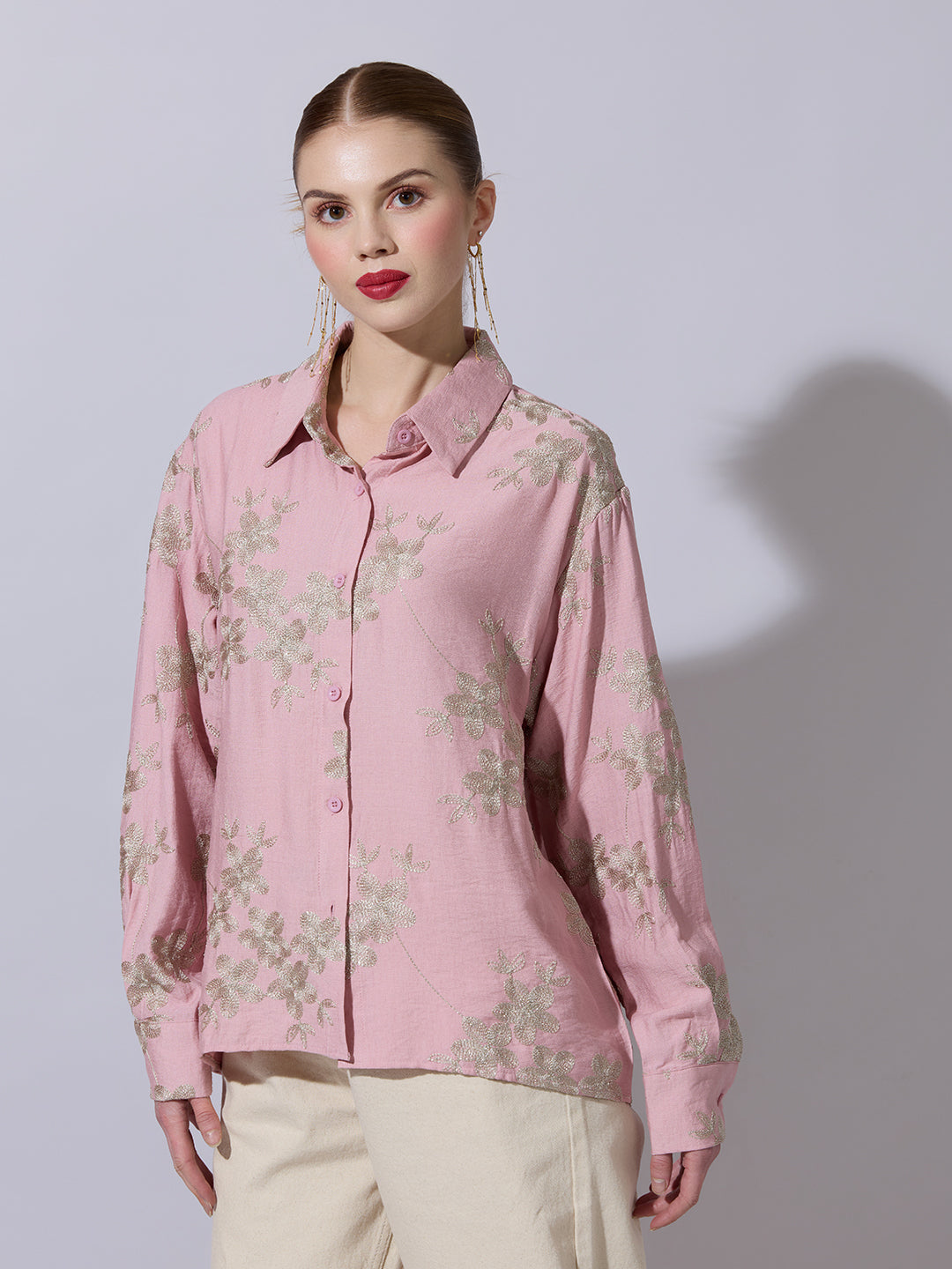 Women's Floral Embroidered Pink Long Sleeve Shirt