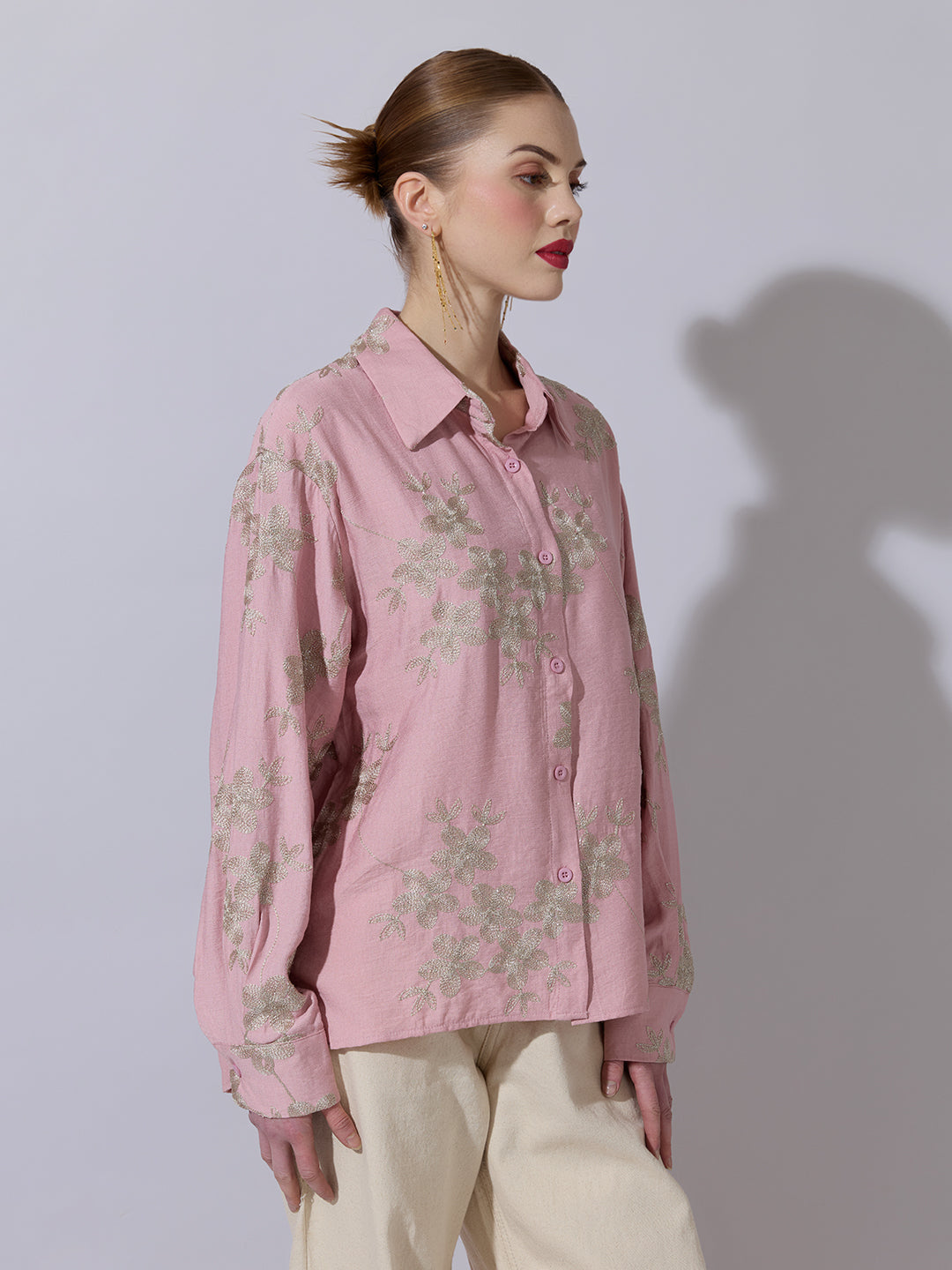 Women's Floral Embroidered Pink Long Sleeve Shirt