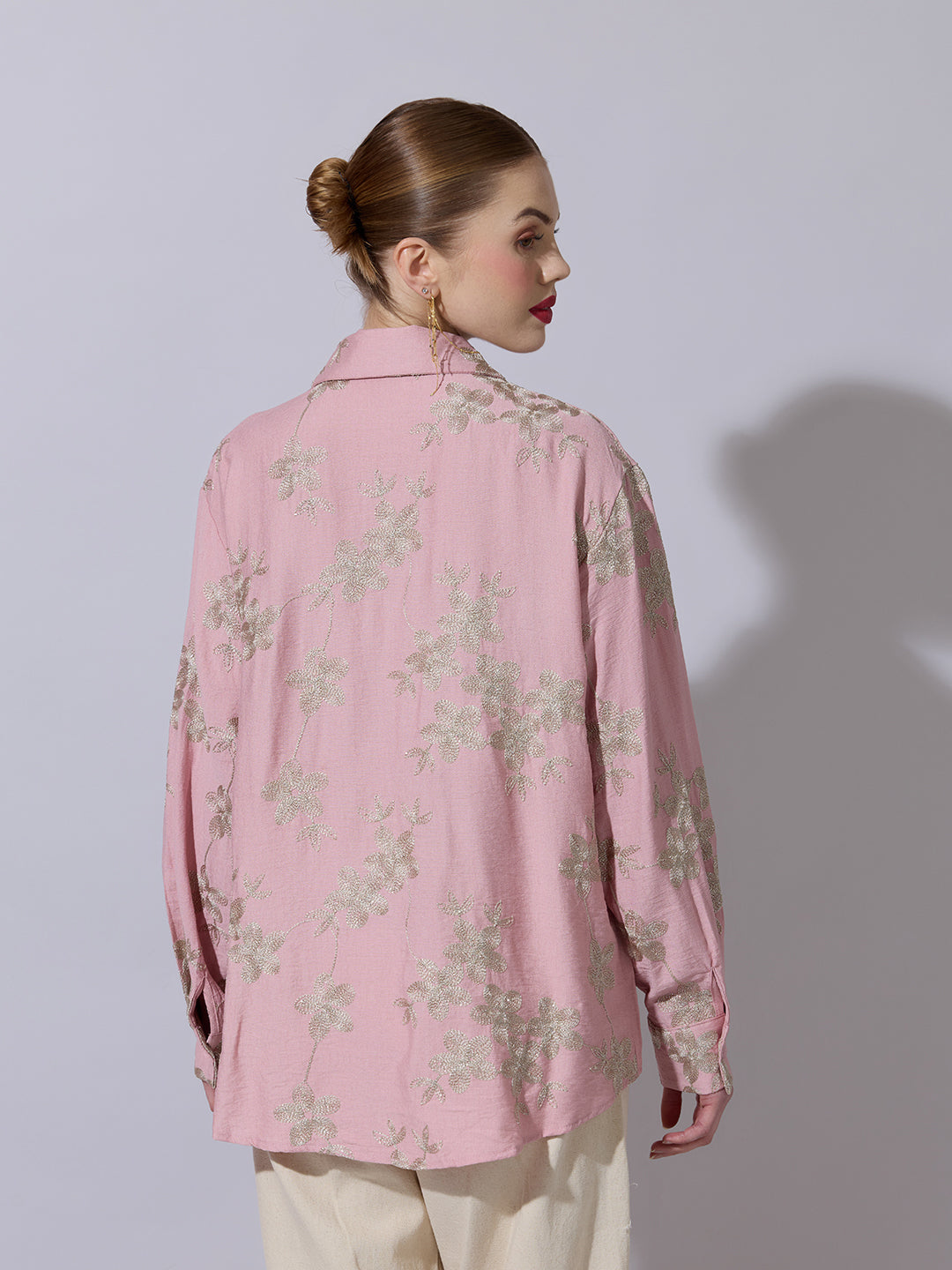 Women's Floral Embroidered Pink Long Sleeve Shirt