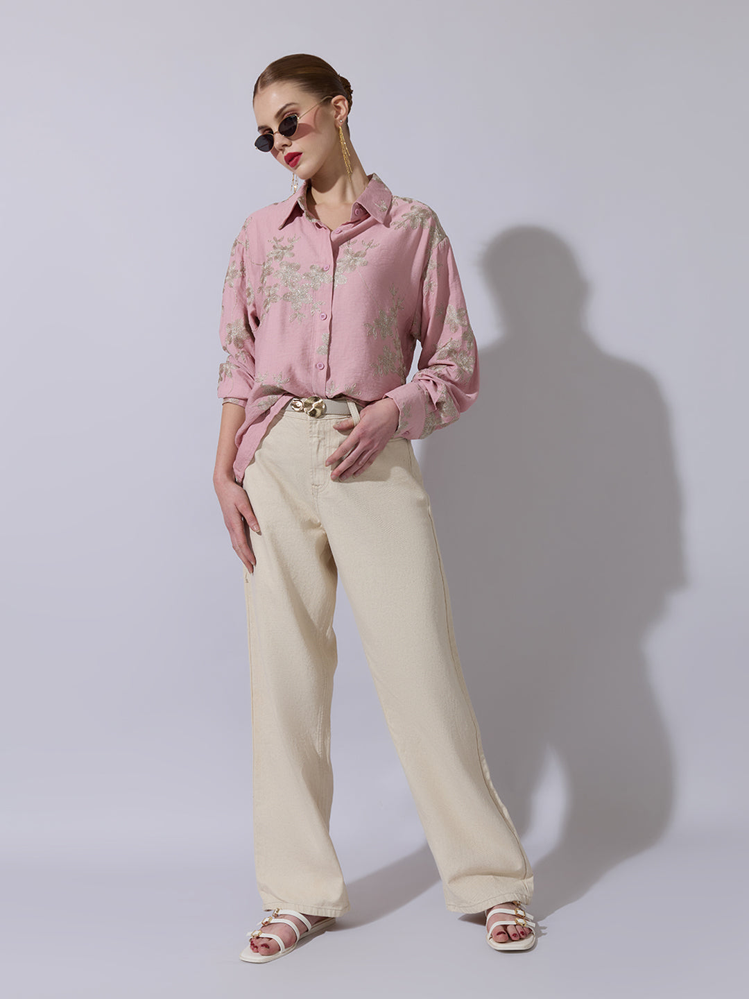 Women's Floral Embroidered Pink Long Sleeve Shirt
