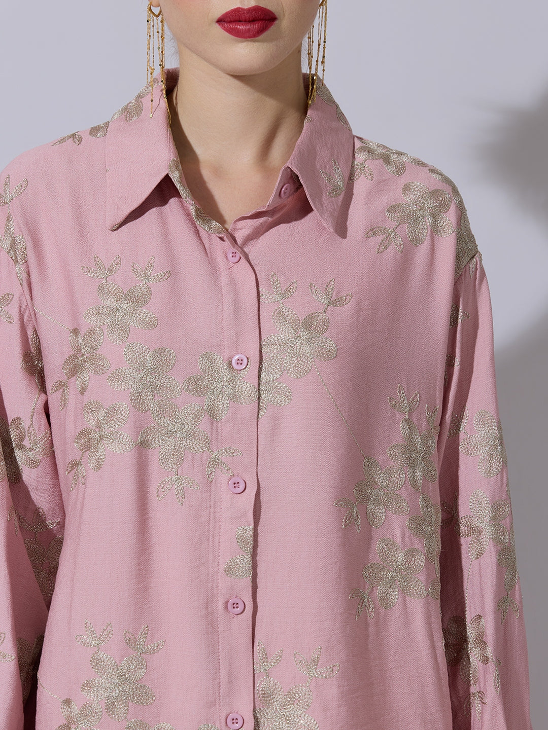 Women's Floral Embroidered Pink Long Sleeve Shirt