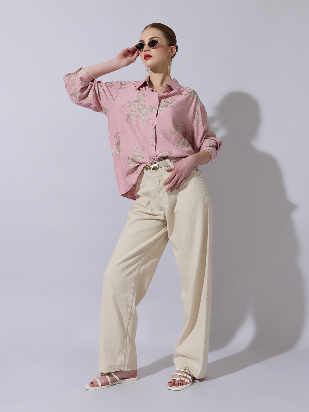 Women's Floral Embroidered Pink Long Sleeve Shirt