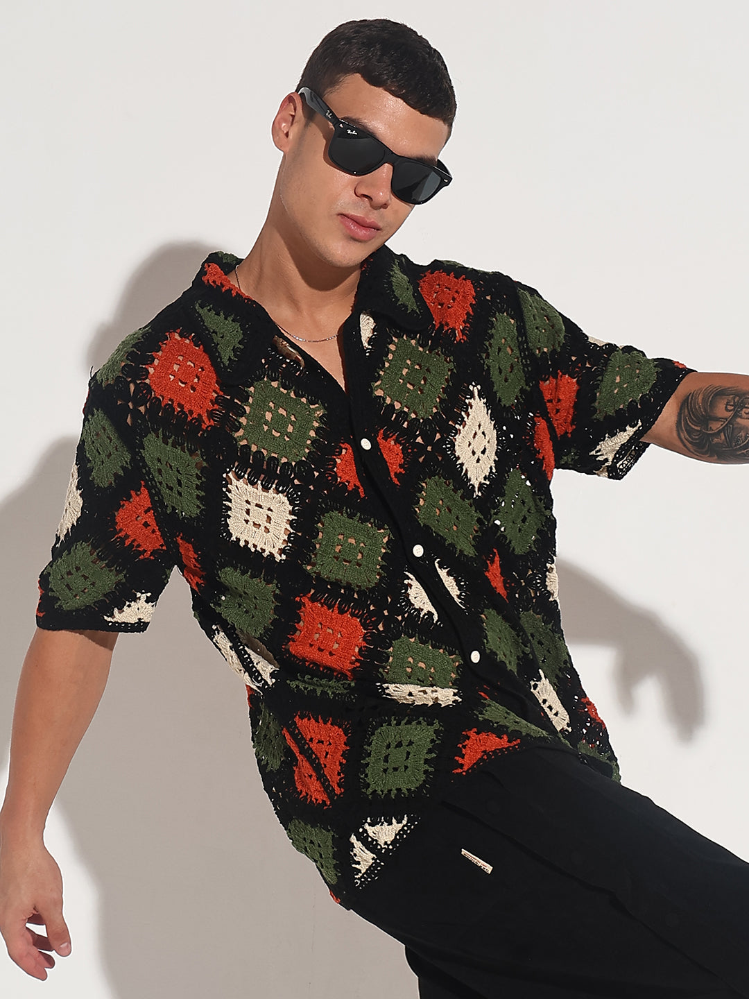 Men's Black Crochet Knit Short Sleeve Button-Down Shirt