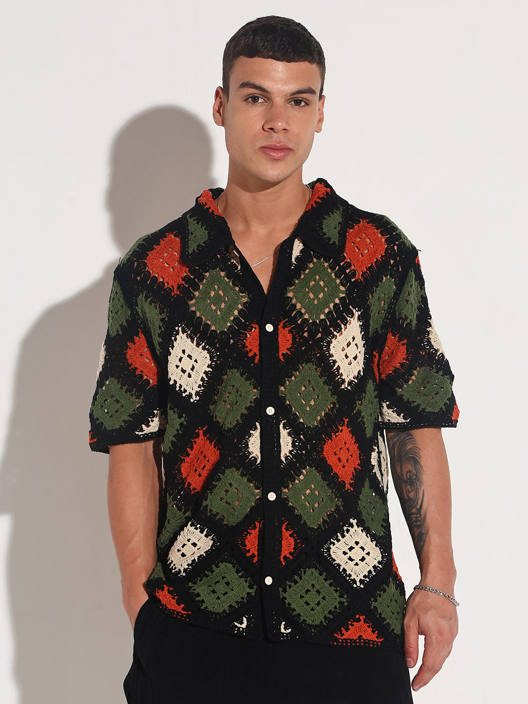 Men's Black Crochet Knit Short Sleeve Button-Down Shirt