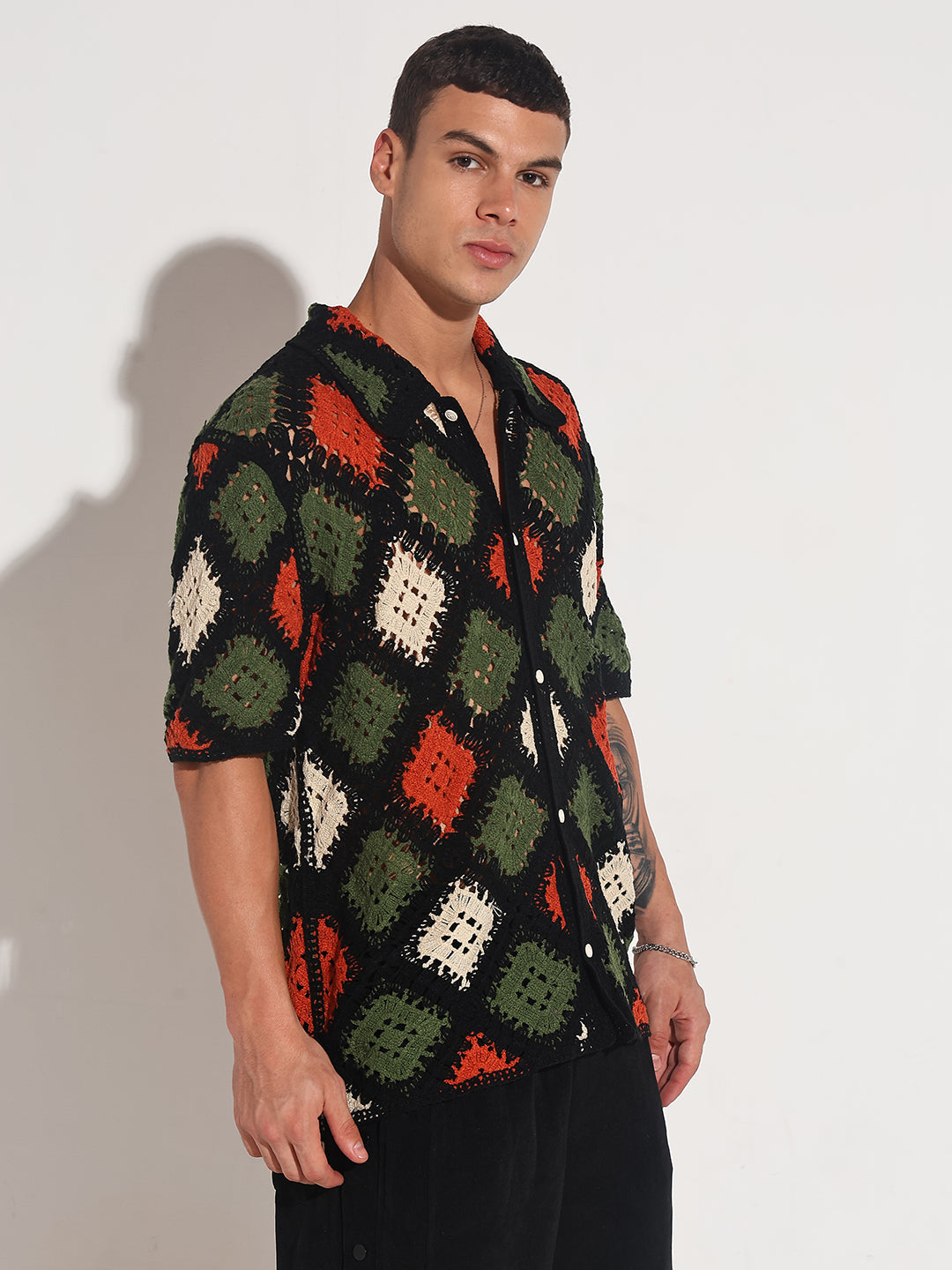 Men's Black Crochet Knit Short Sleeve Button-Down Shirt