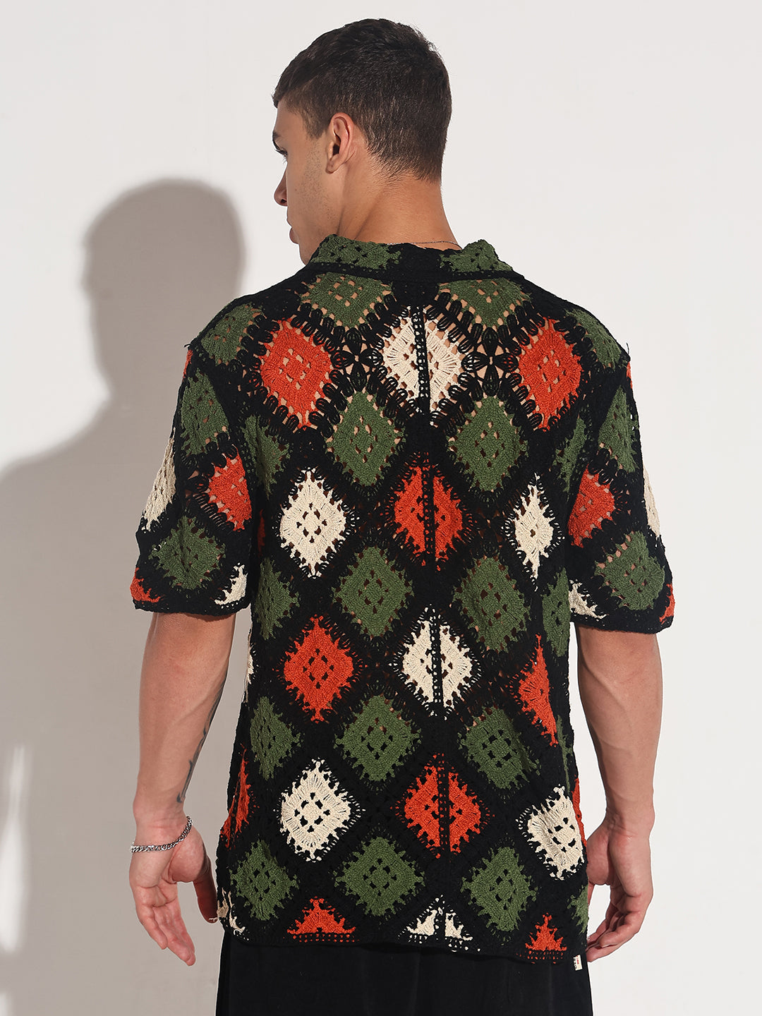 Men's Black Crochet Knit Short Sleeve Button-Down Shirt