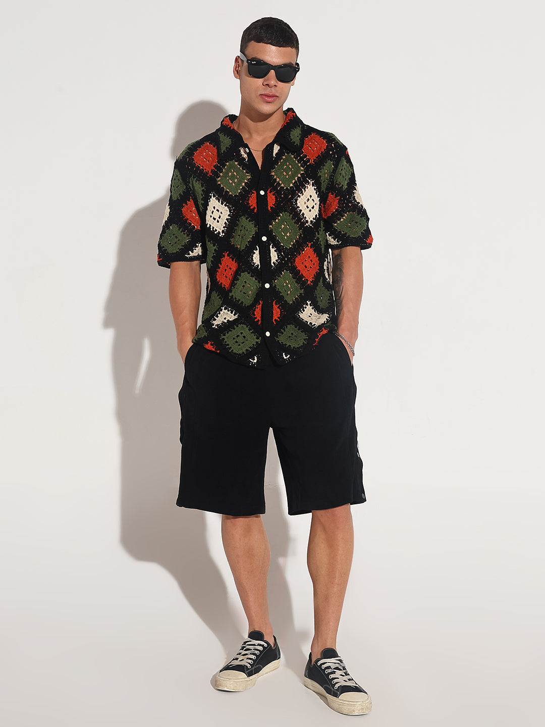 Men's Black Crochet Knit Short Sleeve Button-Down Shirt