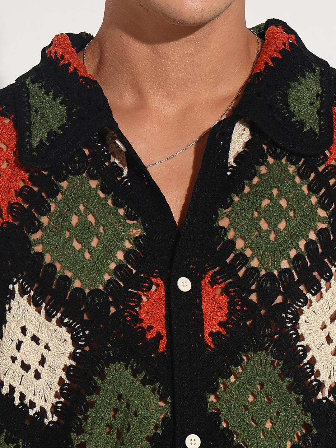 Men's Black Crochet Knit Short Sleeve Button-Down Shirt